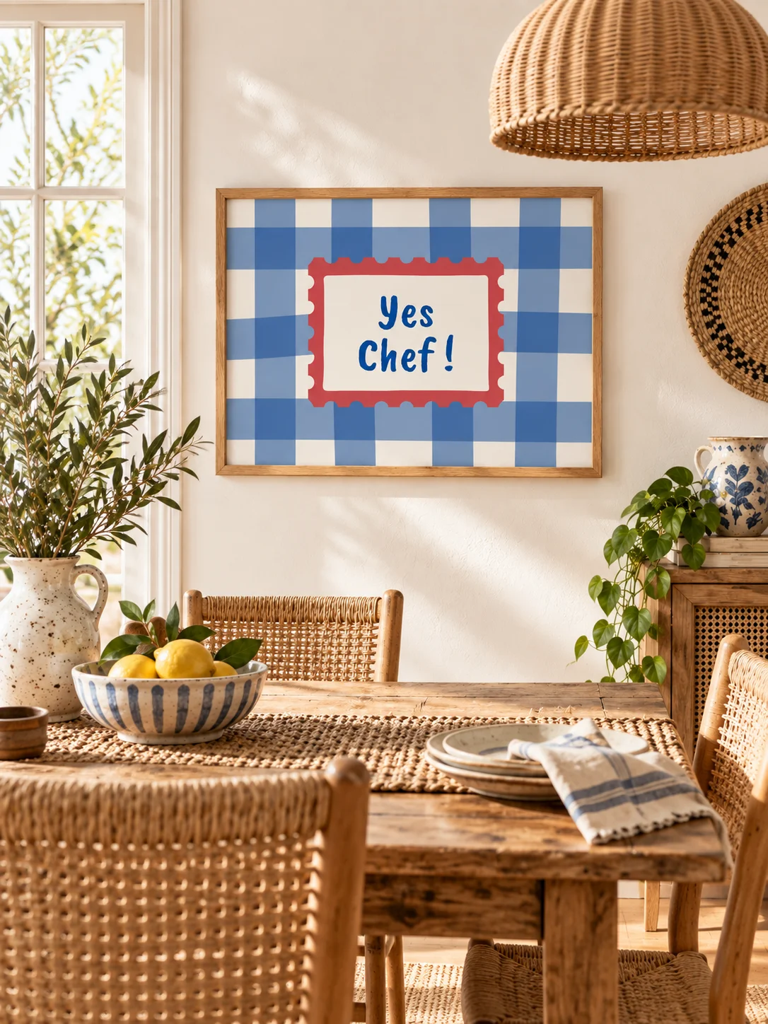 Yes Chef Kitchen Wall Art | Blue Gingham Cooking Quote | Retro Checkered Printable Poster product image (6)