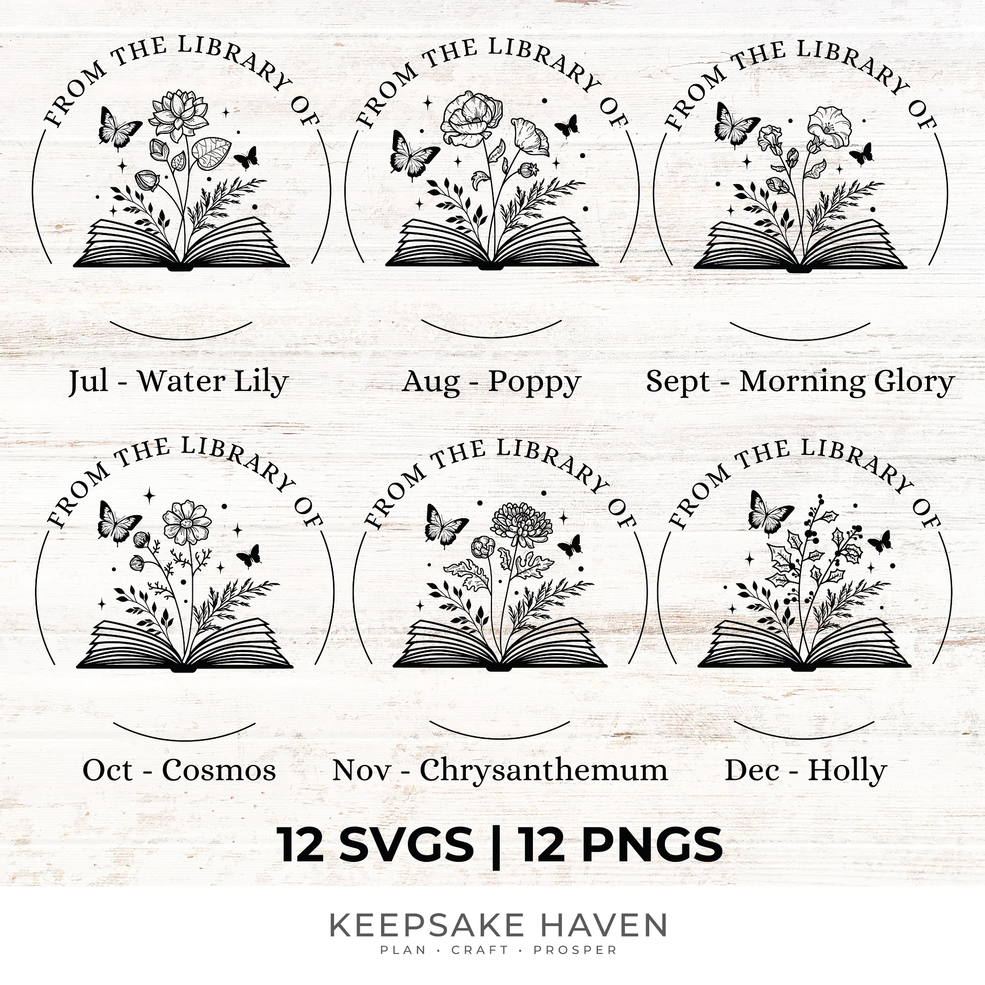 Birthflower Bookish Book Stamp Flowers Books SVG PNG, Custom Birth flowers, Rose, Butterfly Sublimation Design Laser File, Digital Download product image (4)