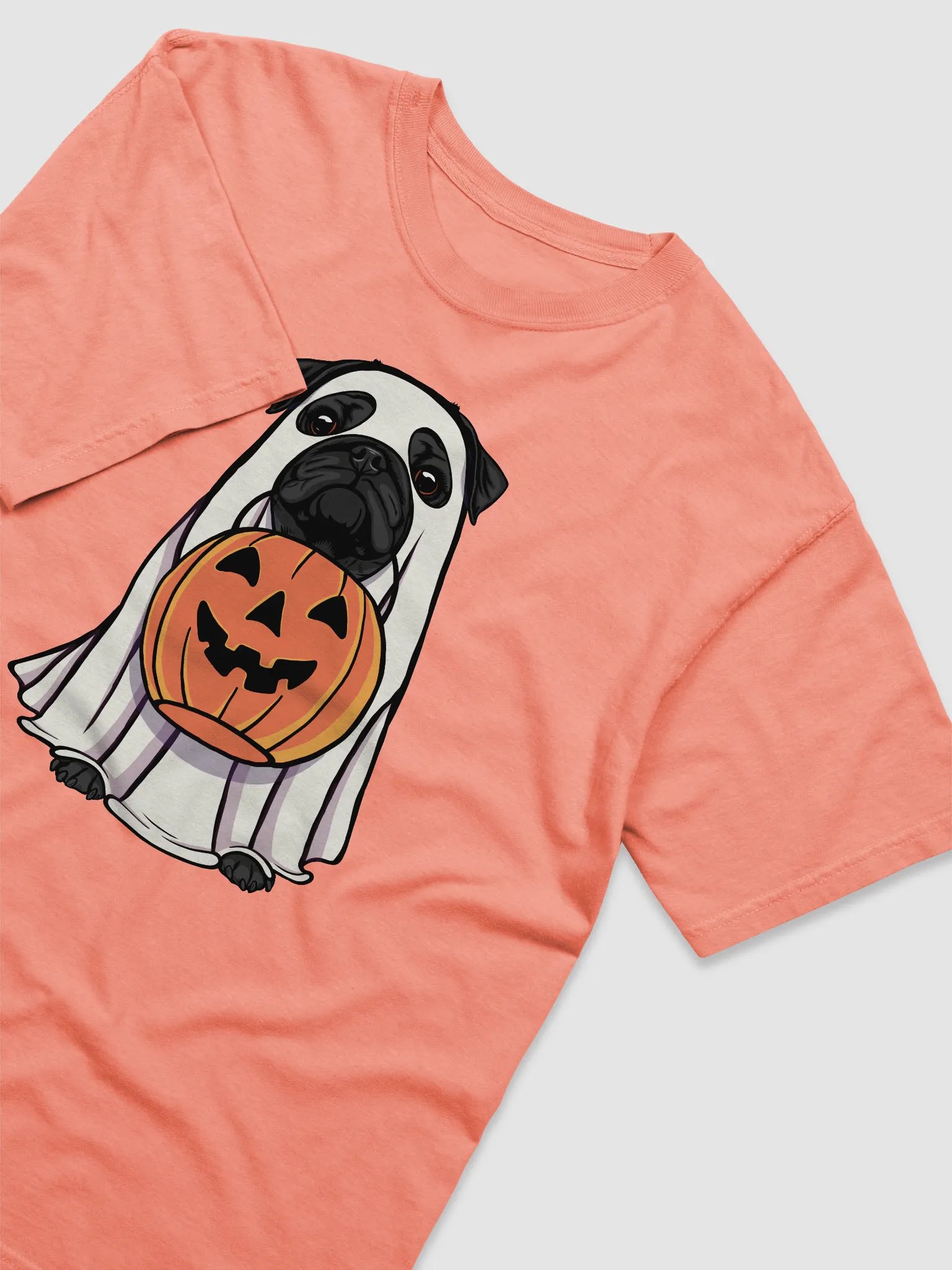 Funny Halloween Pug(Black) T-Shirt | Funny Dog Wearing a Ghost Costume and Holding a Pumpkin Basket product image (6)