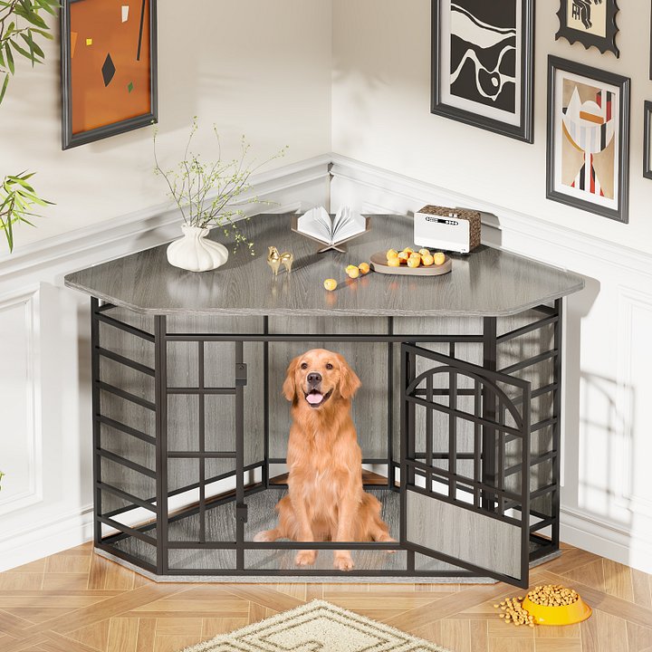 52 inch Corner Dog Crate Wooden Large Dog Kennel Indoor, Large Indoor Dog Crate Decorative Pet House for Medium Large Dogs Vintage Grey product image (1)