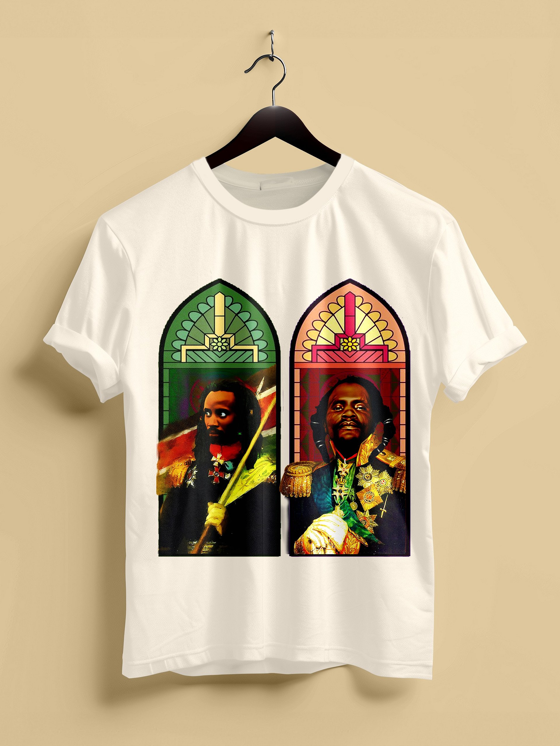Dedan Kimathi & Musa Mwariama Stained Glass Tee – Mau Mau Freedom Fighters Pan-African Cathedral Art | Kenya History T-Shirt product image (1)