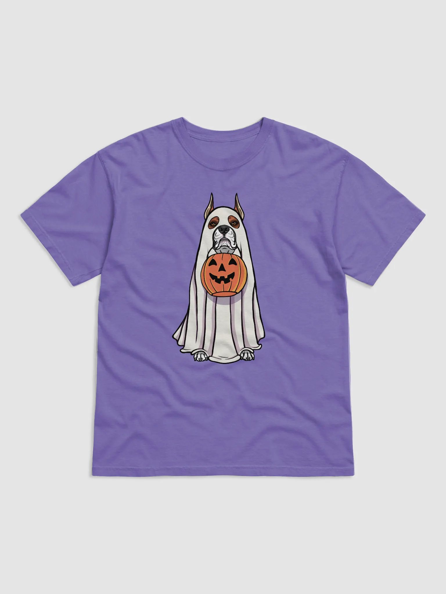 Funny Halloween Boxer Dog(Cropped Ears) T-Shirt | Funny Boxer Wearing a Ghost Costume and Holding a Pumpkin Basket product image (1)