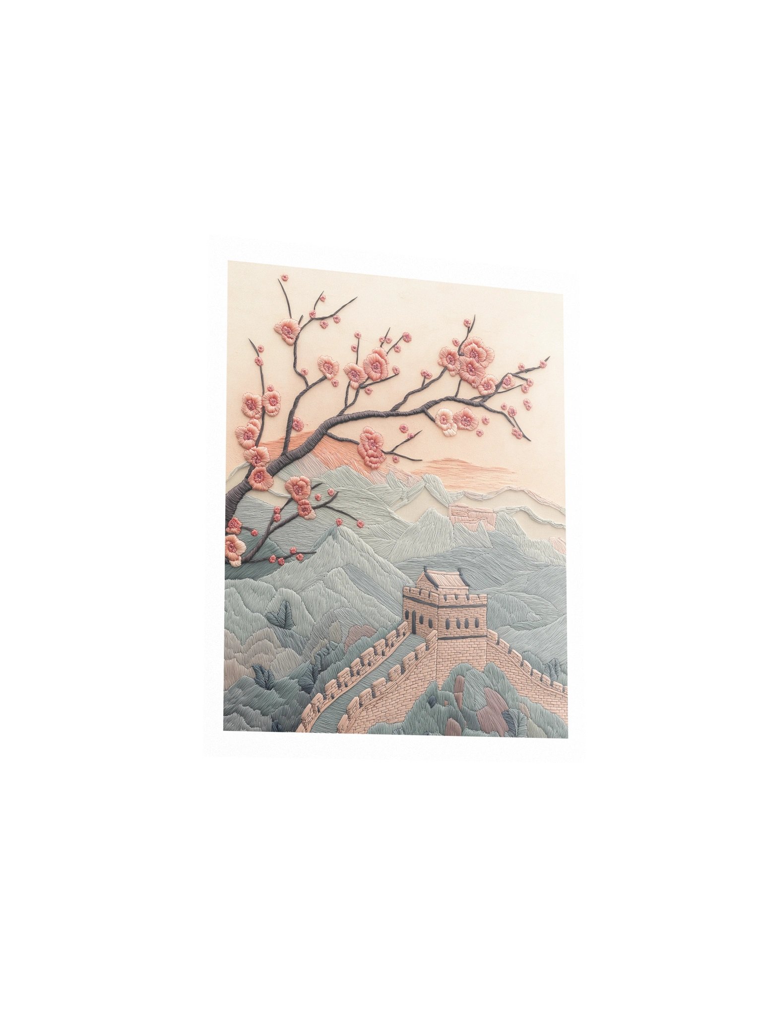 Spring Along the Great Wall | Embroidery-Style Wall Art — Unframed Print product image (3)