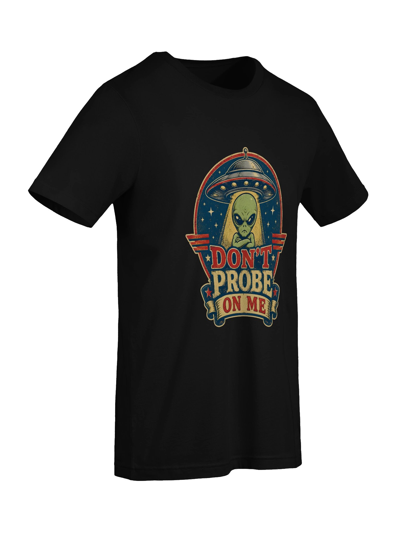 Don't Probe On Me Retro Badge Tee product image (57)