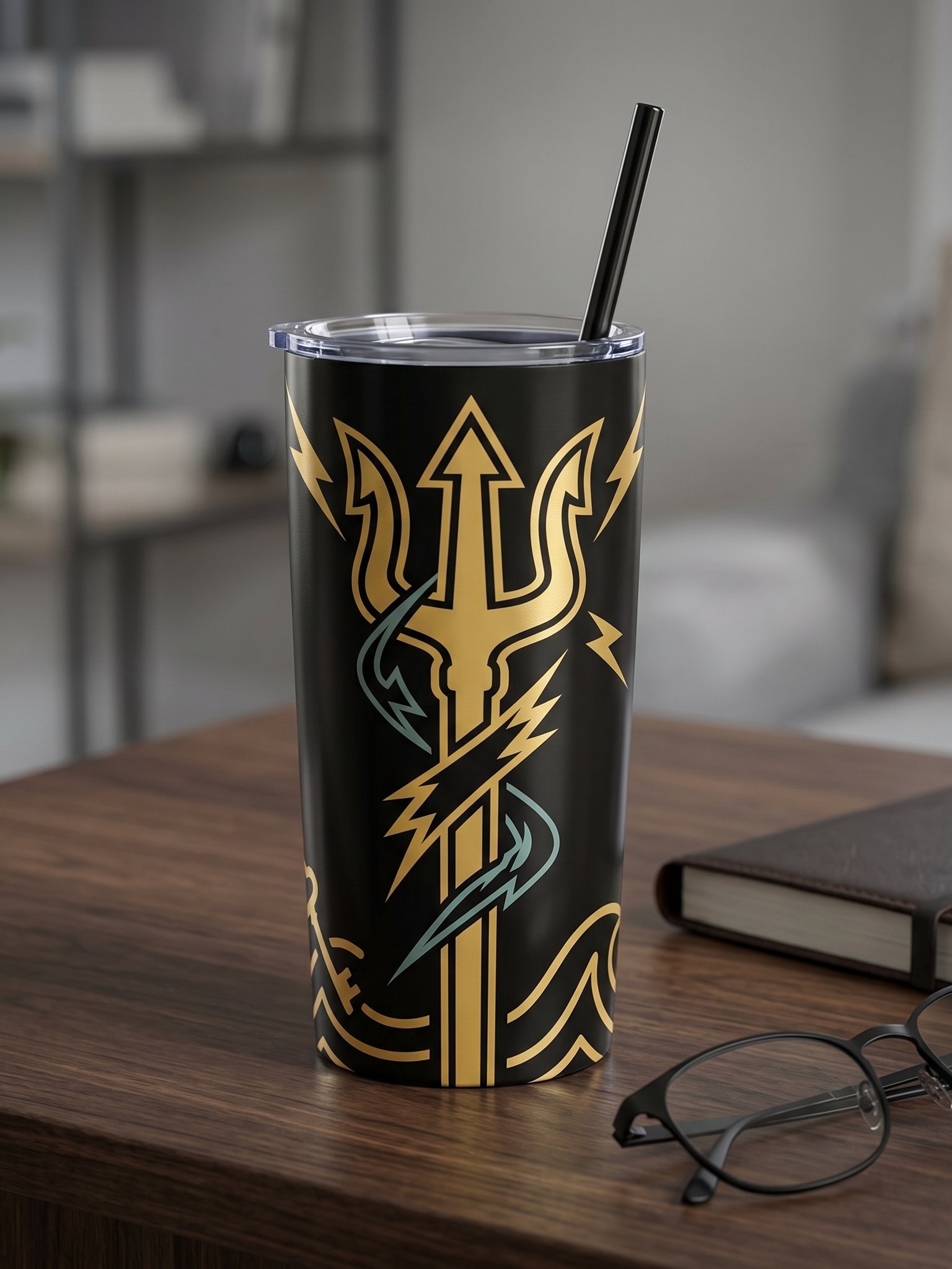 Greek Trident Lightning Tumbler – Minimal Mythology Travel Mug, Black & Gold Design product image (2)