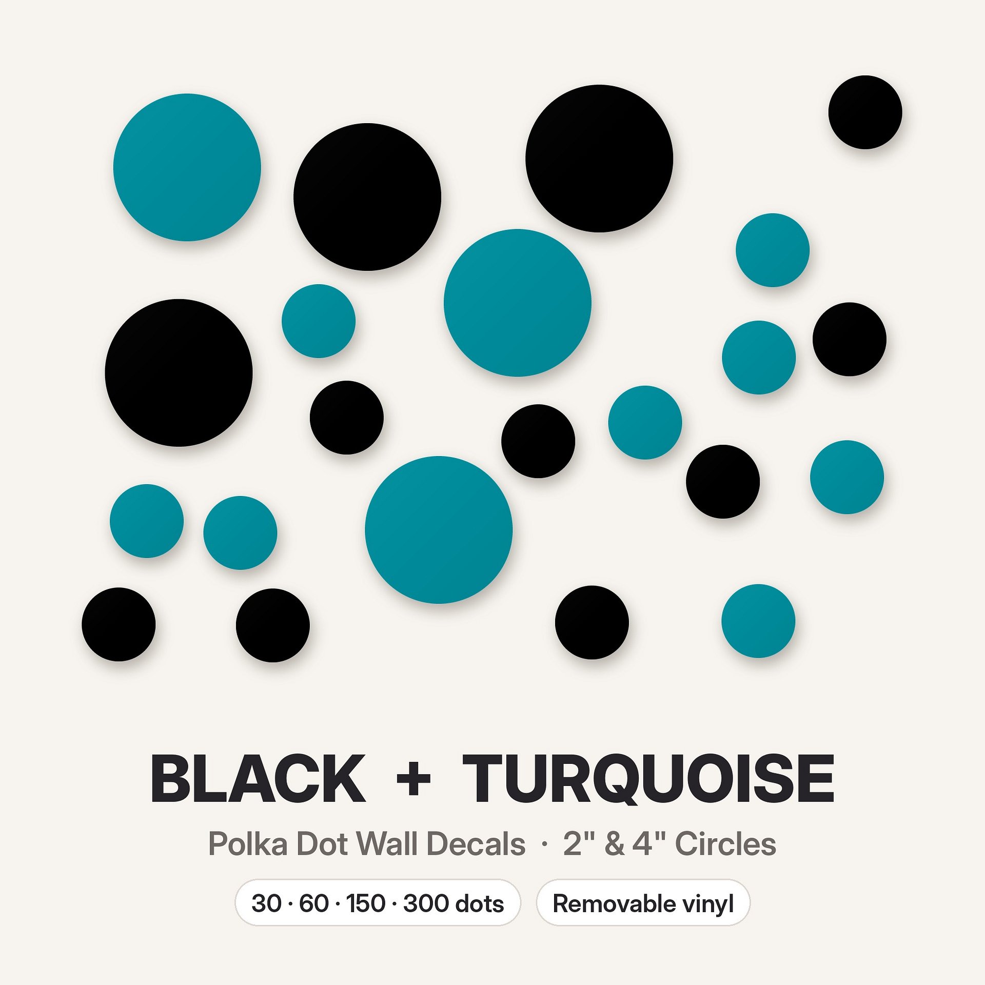 Black and Turquoise Polka Dot Wall Decals, 2" and 4" Vinyl Circle Stickers, Removable Dot Decals for Nursery, Kids Room, Playroom product image (3)