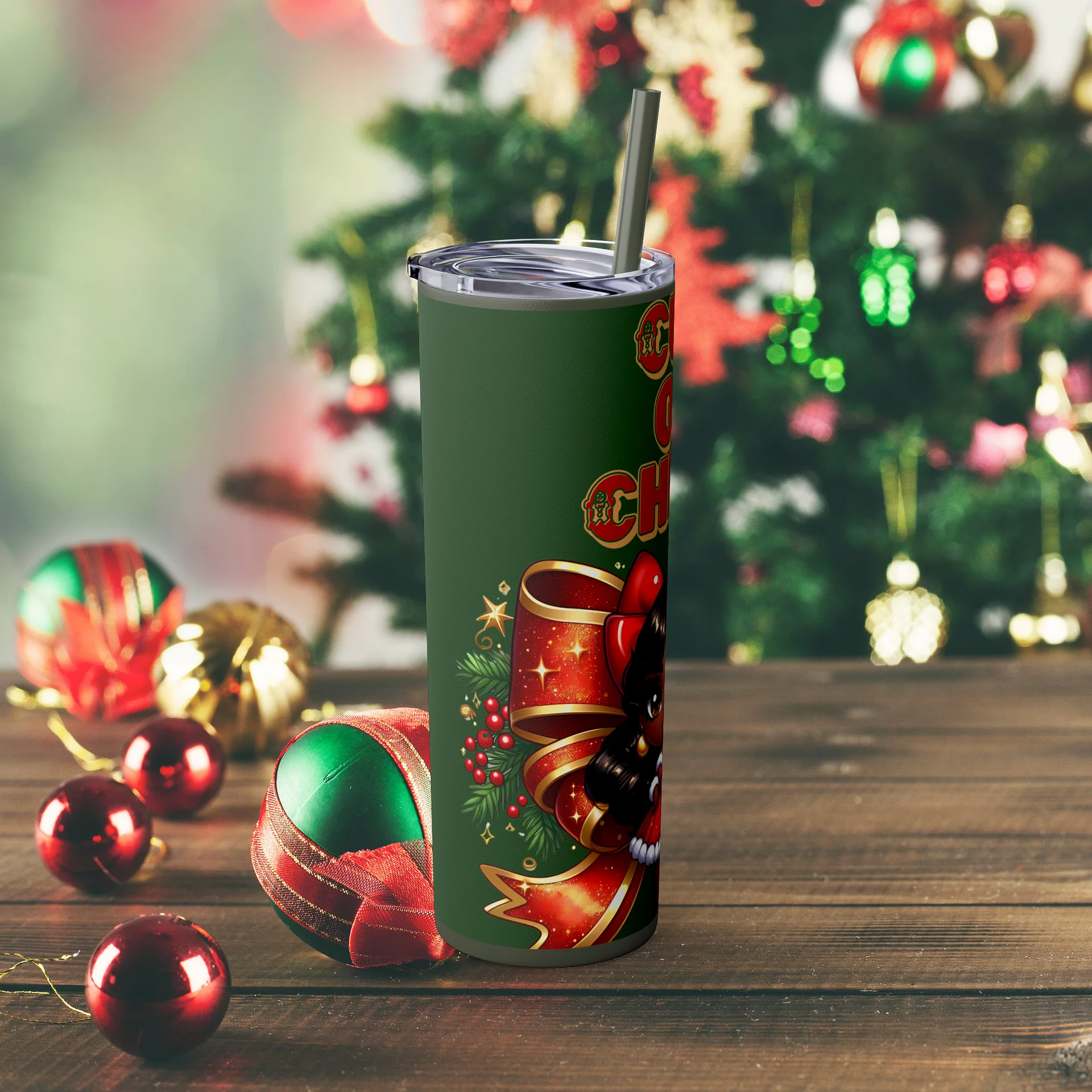 Cup of Cheer Design, Christmas Tumbler Wrap Digital Download, Brown Holiday Doll Art, 20oz Sublimation Design, Festive Holiday Wrap PNG product image (6)
