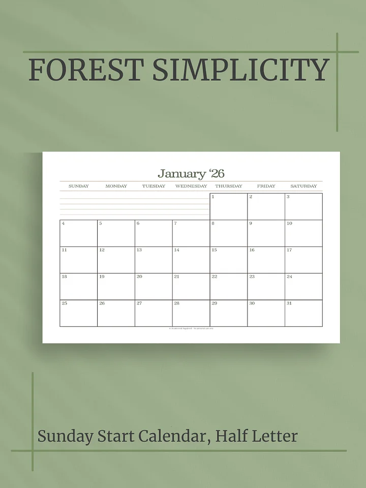 Forest Simplicity 2026 Calendar - Single Page per Month, Sunday Start, Half Letter Size product image (1)