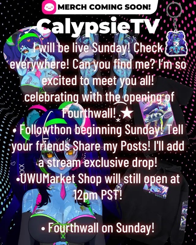 As a small streamer it is difficult to manage a full time job and my stream goals.  Your tenacious Neo magical girl next door is dreaming big dreams and will be live Sunday!  • celebrate with the opening of Fourthwall! ͙͘͡★ • Followthon beginning Sunday! Tell your friends Share my Posts! I'll add a stream exclusive drop! •UWUMarket Shop will still open at 12pm PST! • Fourthwall on Sunday! #vtuber #merch #