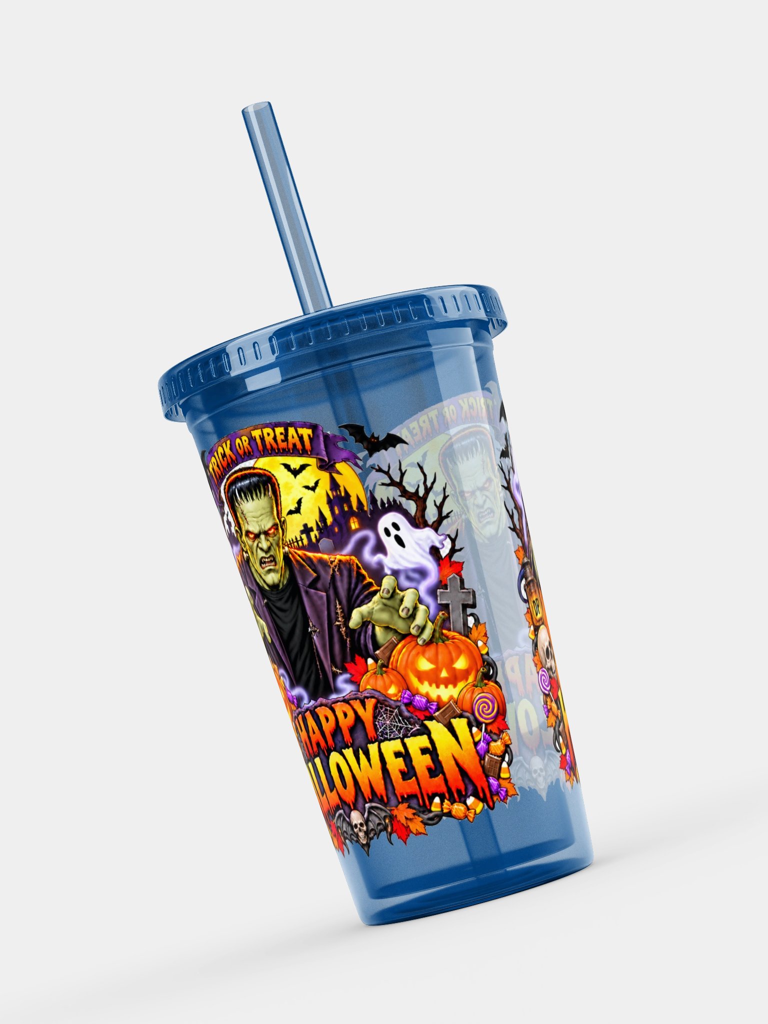Frankenstein Happy Halloween Double Wall Clear Plastic Tumbler product image (15)