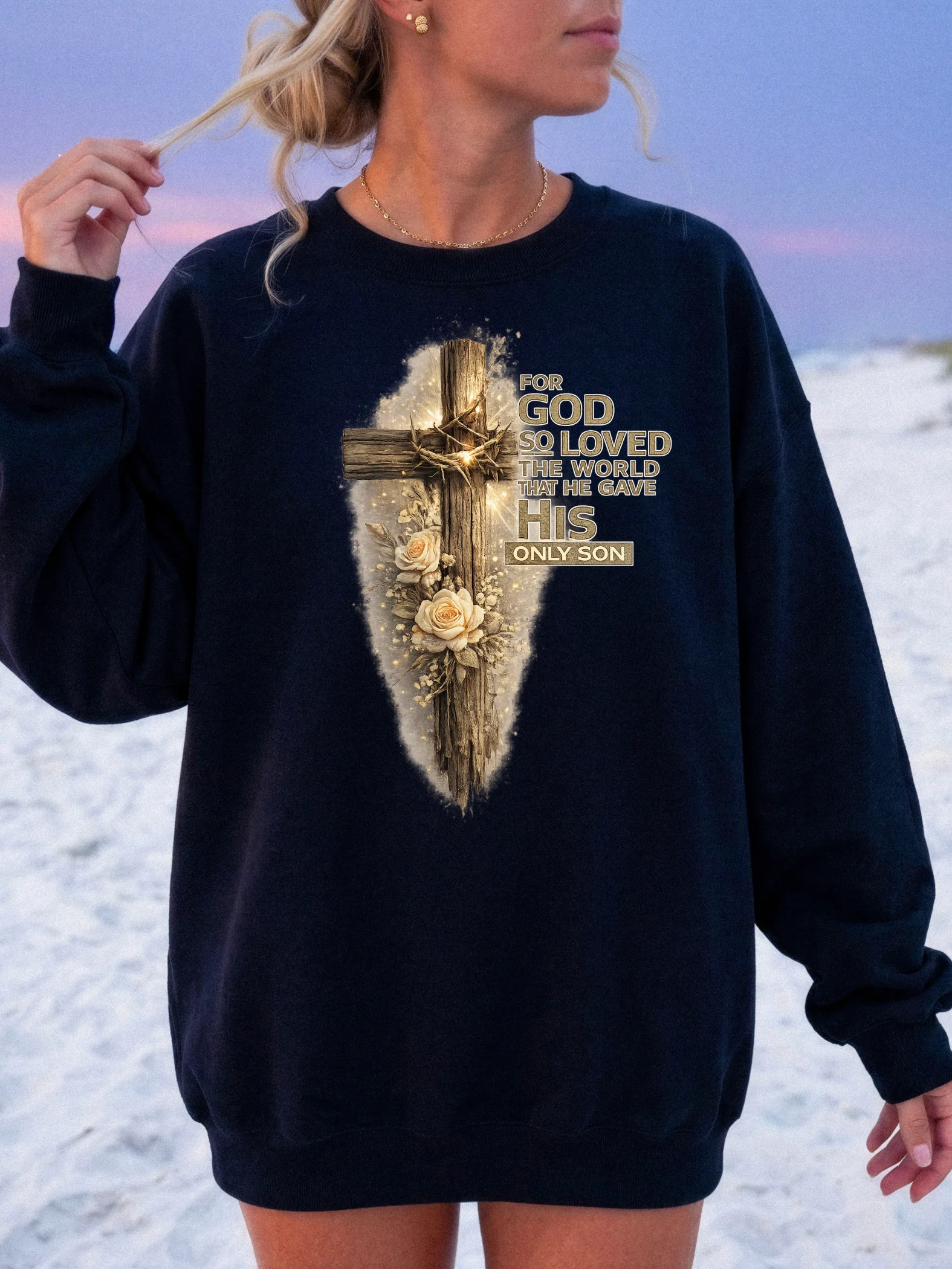 For God So Loved the World That He Gave His Only Son Christian Sweatshirt | John 3:16 Wooden Cross Faith Apparel | Kingdom Life Co. product image (1)