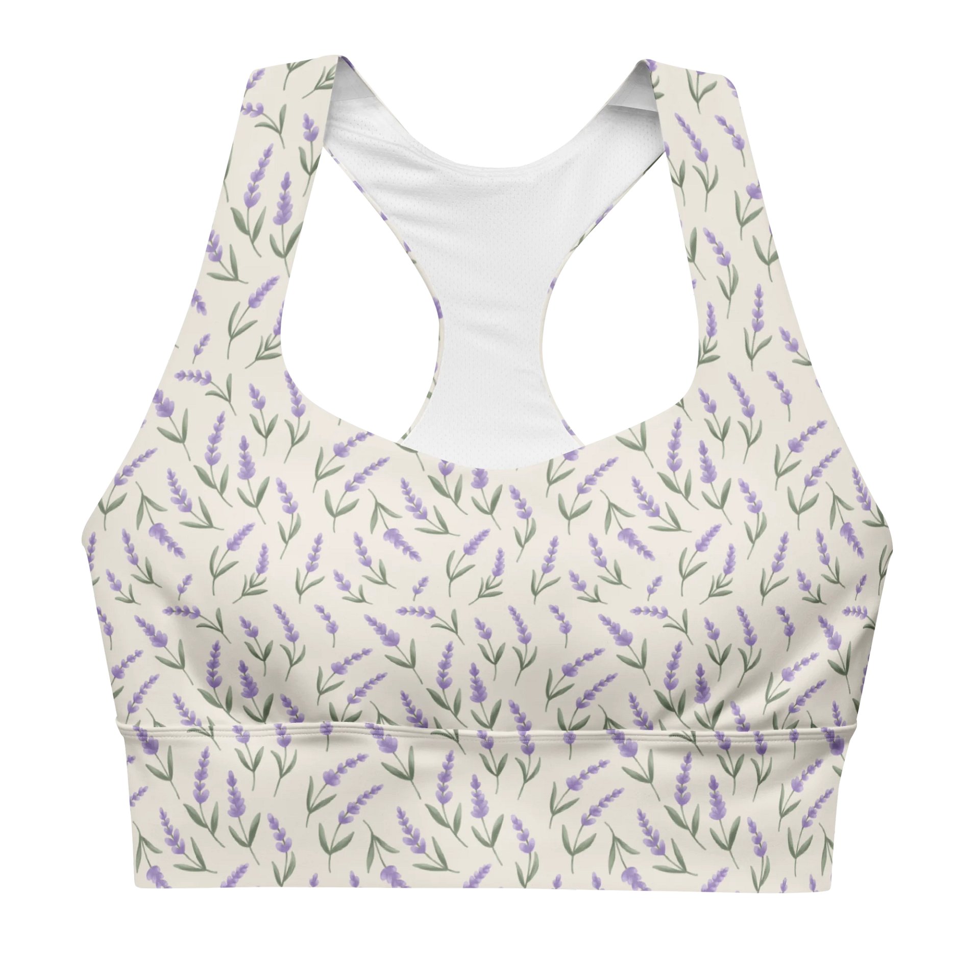 All-Over print recycled longline sports bra with lavender pattern on beige background product image (3)