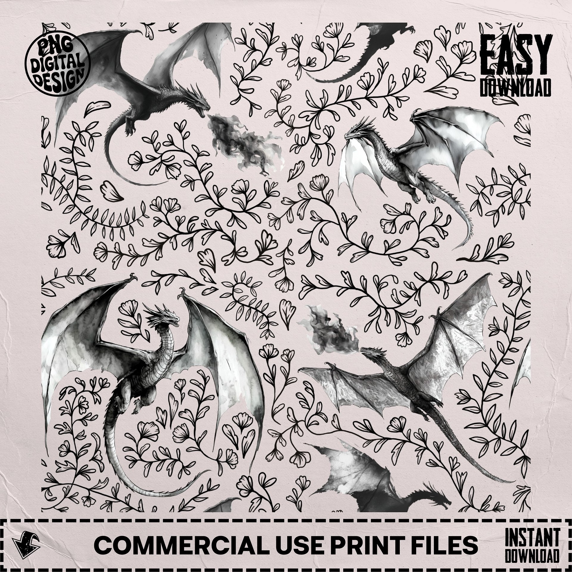 Dragon Pattern Digital Seamless Transparent PNG, Watercolor Ink Fantasy Dragons Flowers Wallpaper, Gift for Sister, Bestie, Digital Download product image (6)