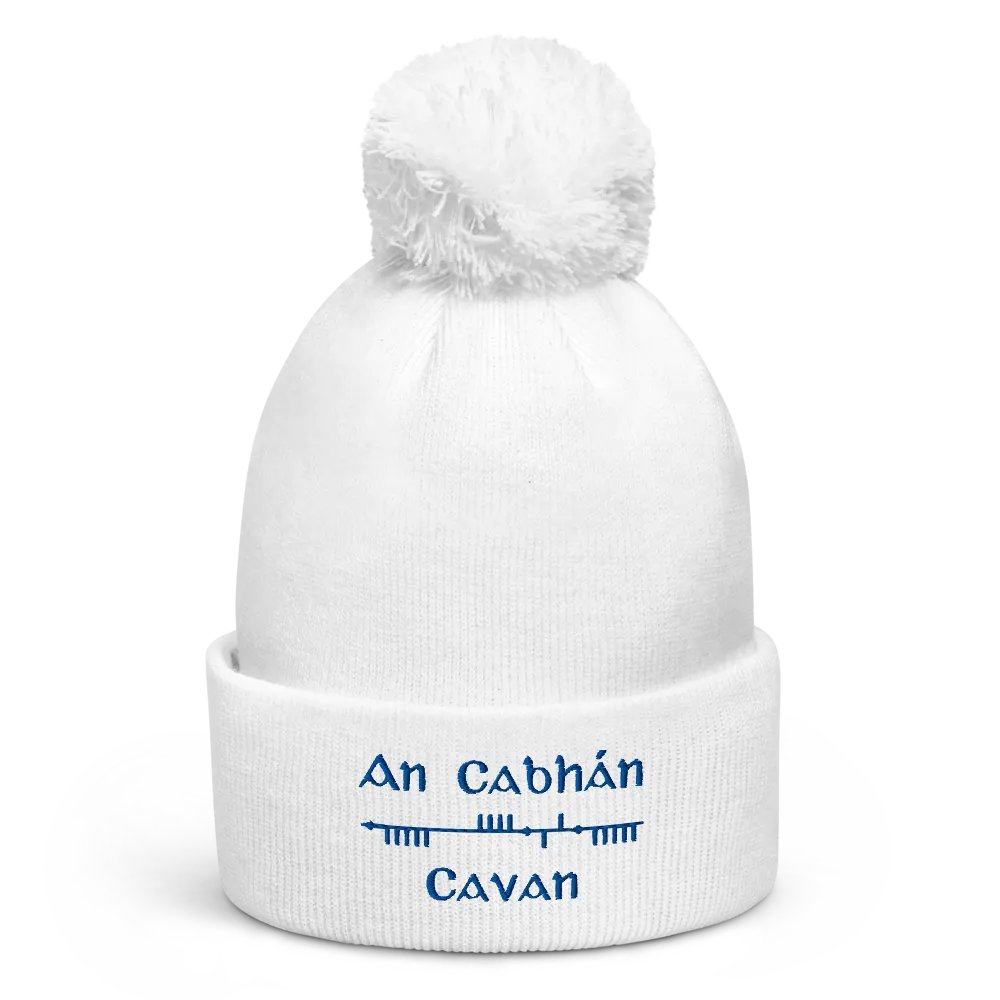 Cavan/An Cabhán Scholastic Style Ogham, white with blue, embroidered Pom-Pom Beanie product image (1)