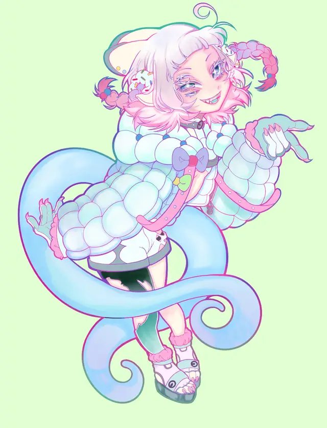 still working on little random art pieces of my new character design. Hopefully its nice enough to add to my merch drop once its done. Also I gotten cutest gift from Plushie Love! I really wanna turn this into a tore bag #anime #fyp #kawaii #plush