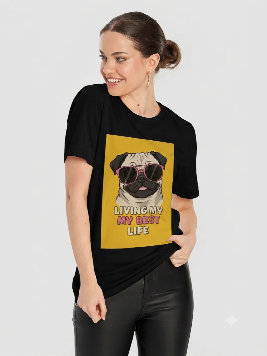 Women’s Pug Living My Best Life T-Shirt – Funny Dog Sunglasses Design product image (1)