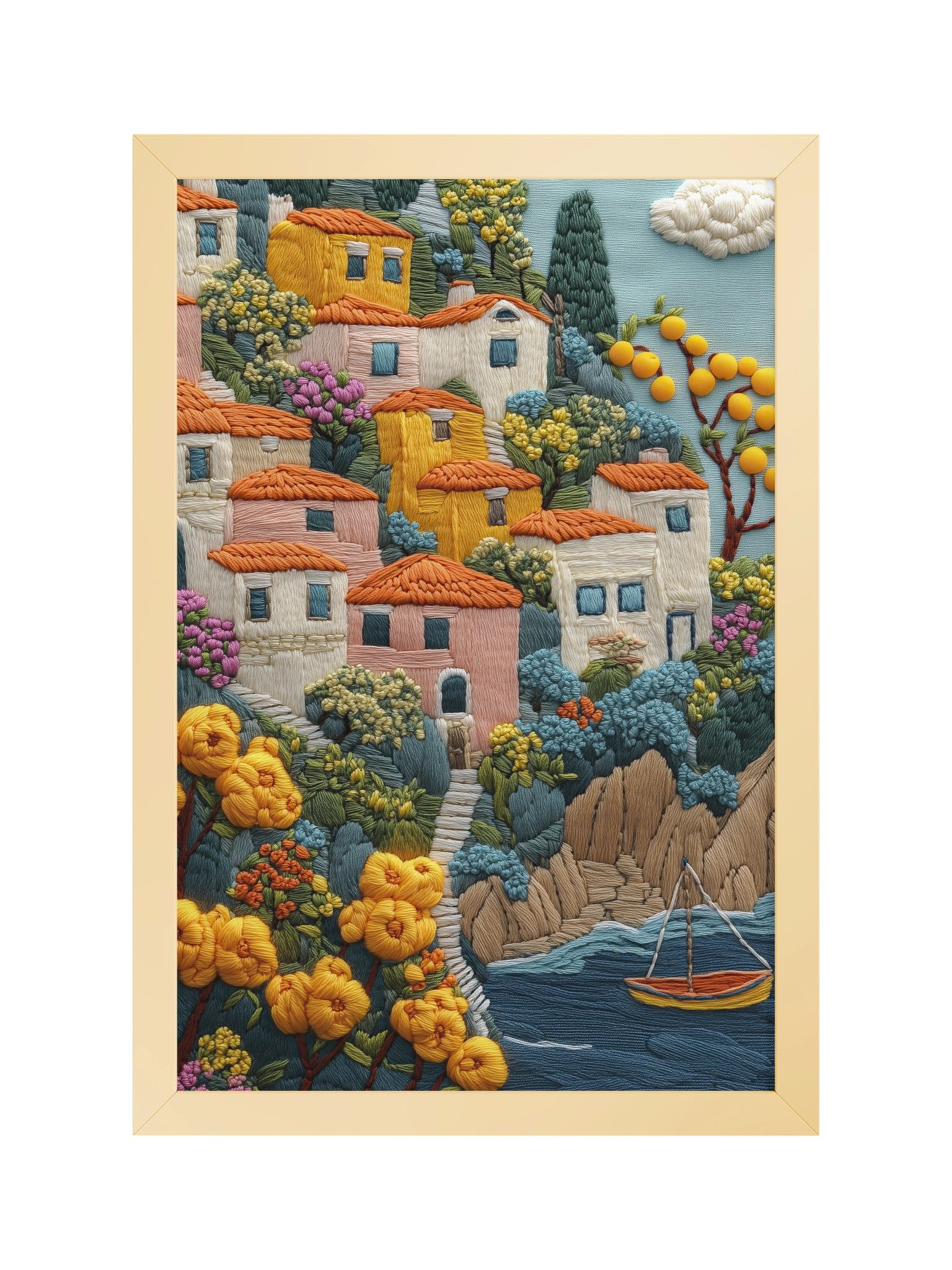 A Lemon Morning on the Amalfi Coast | Embroidery-Style Wall Art — Framed Print product image (9)