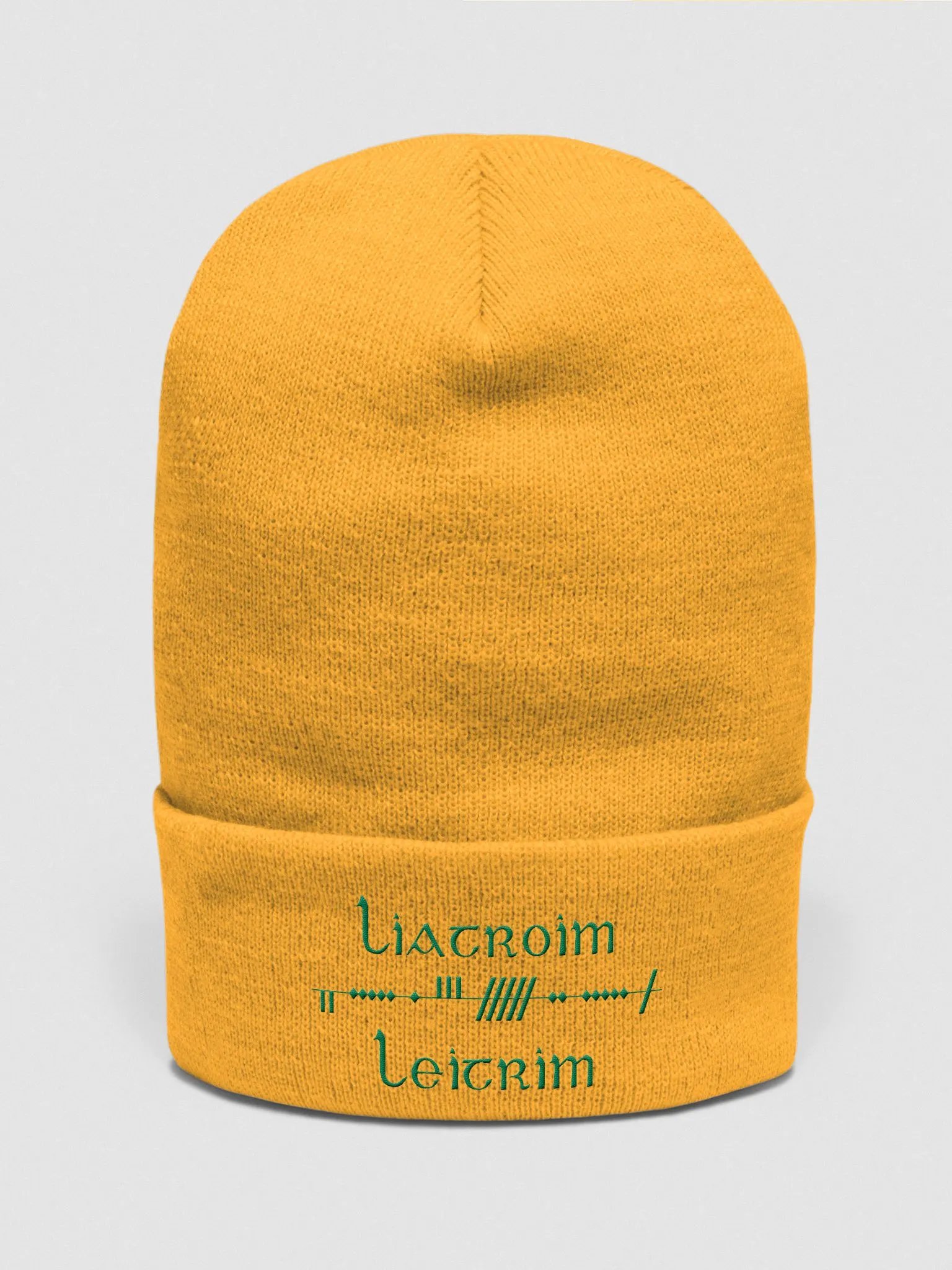Leitrim/Liatroim Scholastic style Ogham Gold with Green embroidered Cuffed Beanie product image (1)