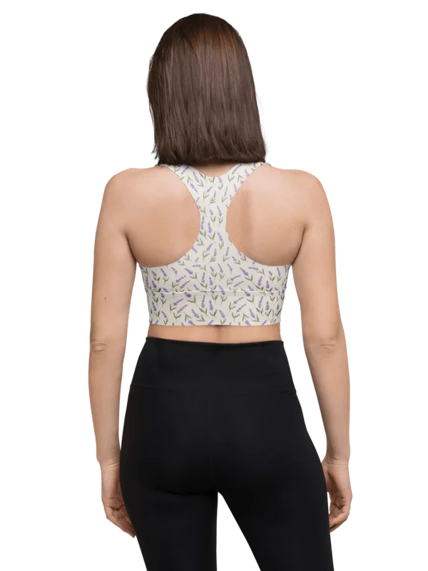 All-Over print recycled longline sports bra with lavender pattern on beige background product image (2)
