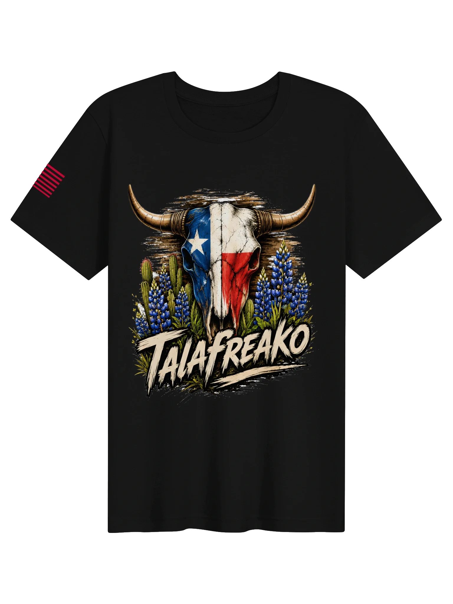 Talafreako Texas tee: a longhorn skull painted in the Texas flag, ringed by bluebonnets and cactus. Western tattoo style, printed loud in the USA.