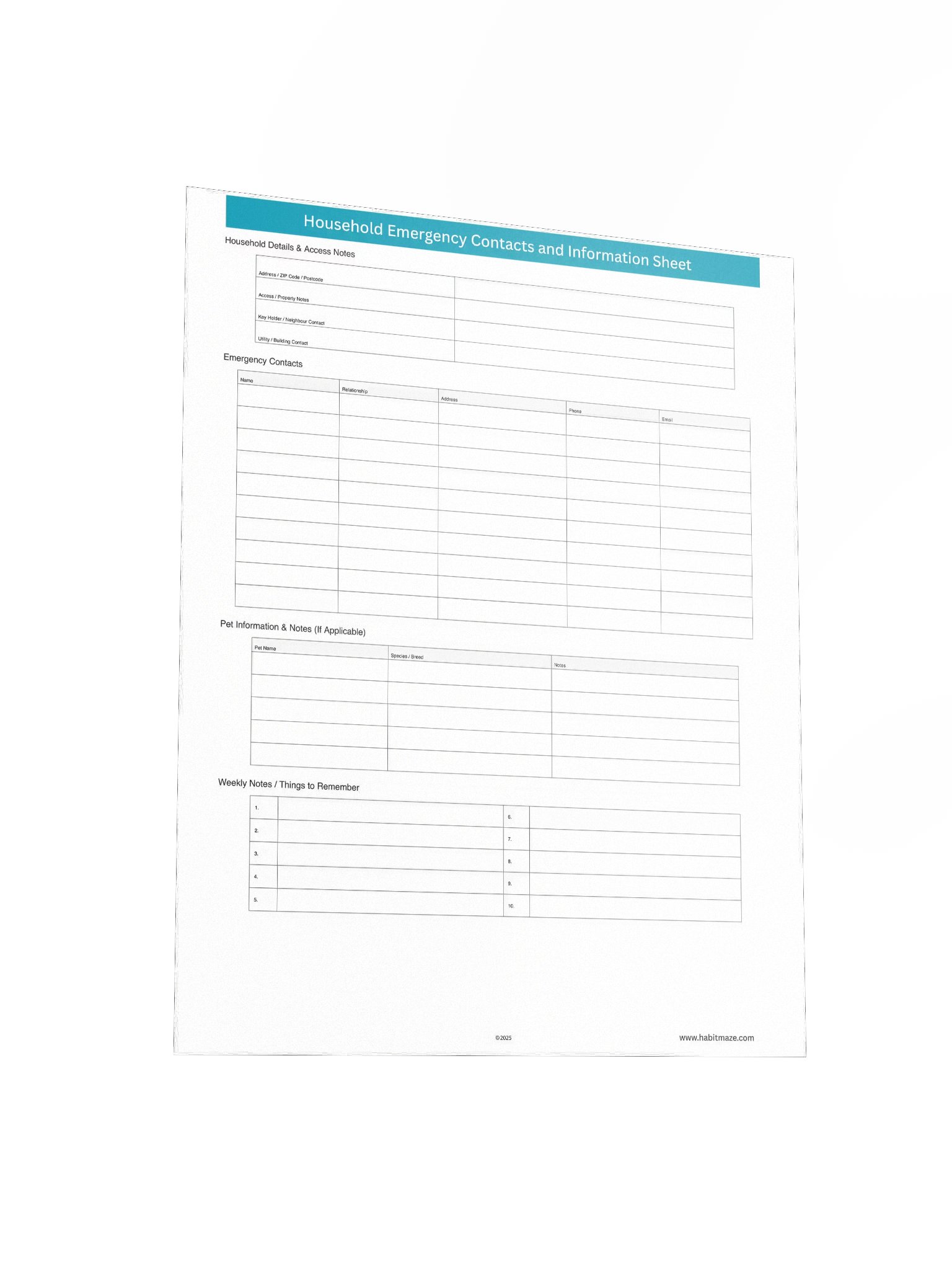 Household Emergency Contacts and Information Sheet product image (4)