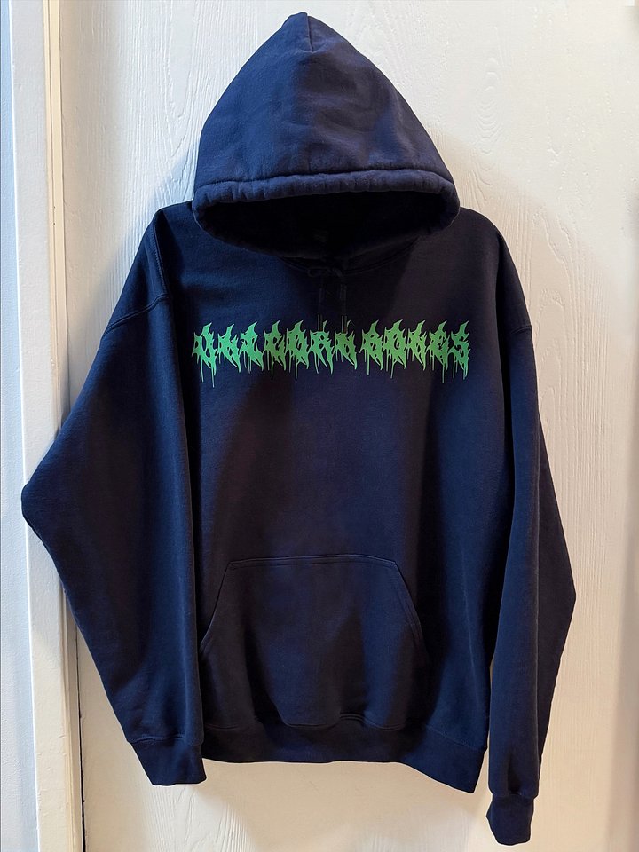 "UNICORN BONES” Green Metal Font w/ Body Graphic, Navy Drawstring Hoodie (Original Design) product image (2)