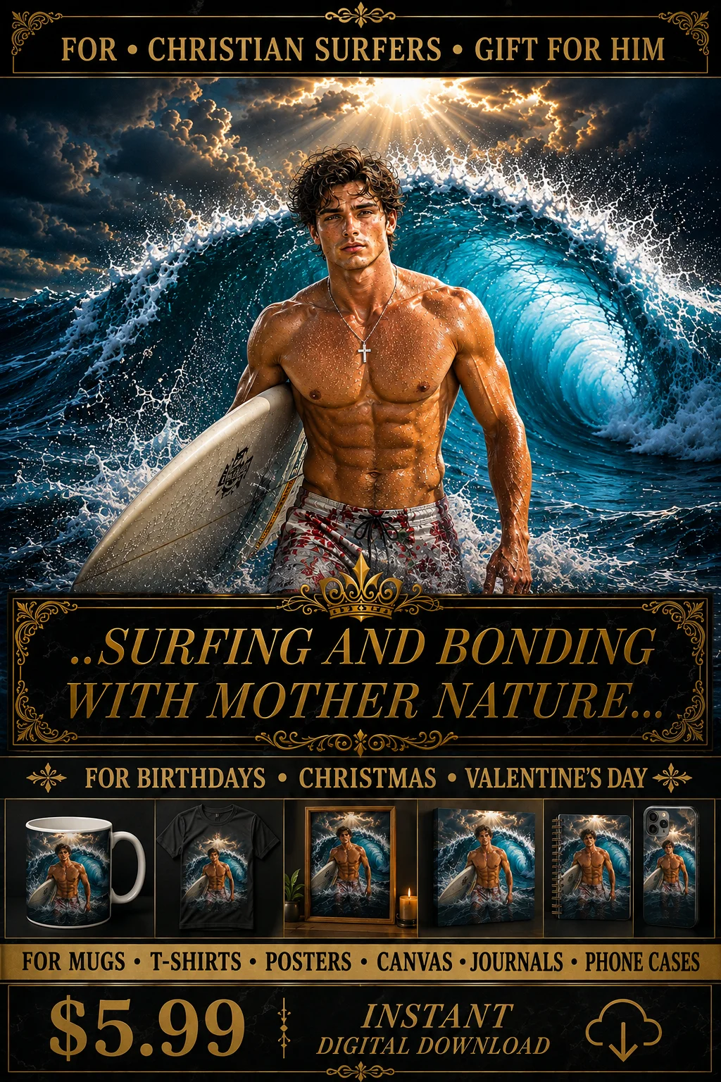 Christian Surfer Gift For Him Birthday Xmas Valentine Wall Art Digital Download 8K product image (1)