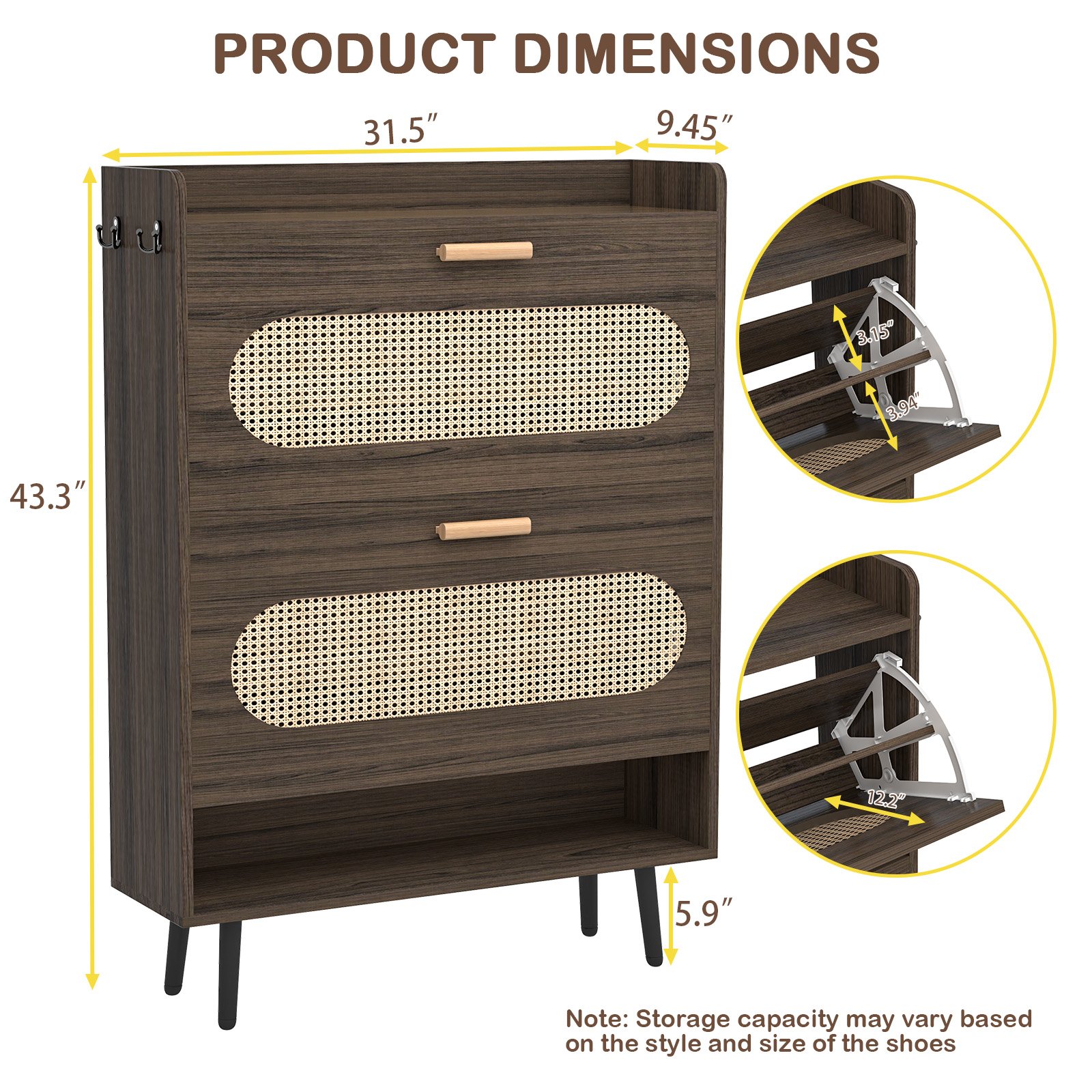 Shoe Cabinet with Natural Rattan Flip Drawers for Entryway Free Standing Slim Shoe Storage Organizer with 2 Flip Drawers Walnut product image (3)