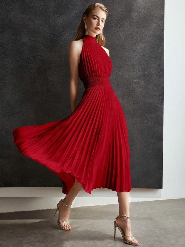 MOTF PREMIUM SOLID SHIRRED WAIST HALTER NECK PLEATED LONG DRESS product image (1)
