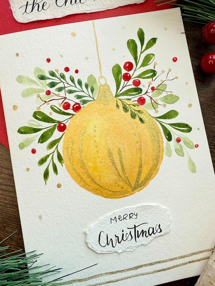 Hand-painted Watercolor Christmas Yellow Ornament Cards product image (1)