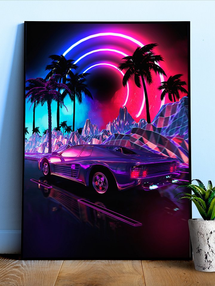 Neon landscape: Synthwave palms & car, outrun [synthwave/vaporwave/cyberpunk] — Aesthetic retrowave poster product image (1)
