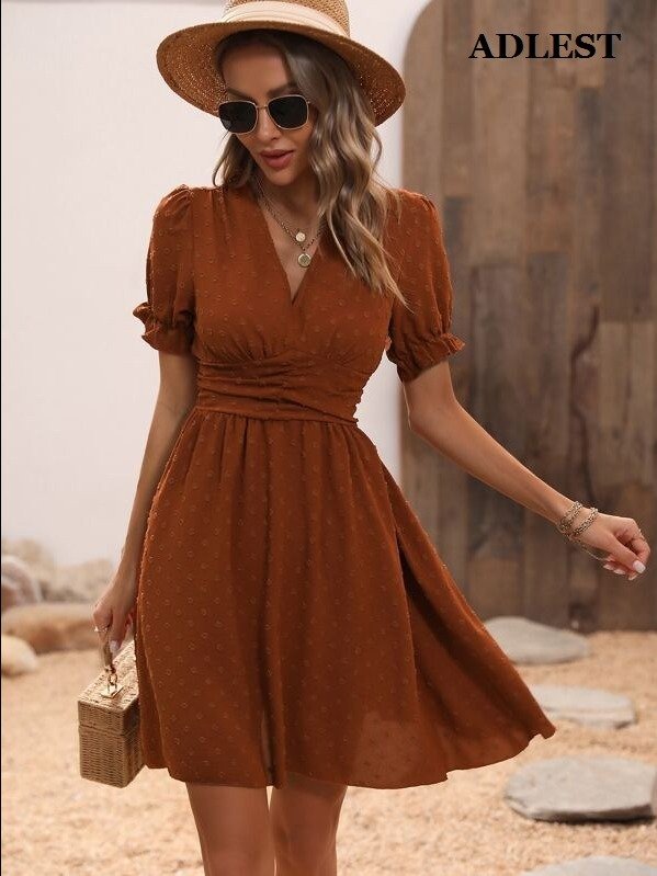 Breezaya Swiss Dot Puff Sleeve Ruffle Detail Shirred Waist A-Line Dress Burgundy Color Women Outfit product image (5)
