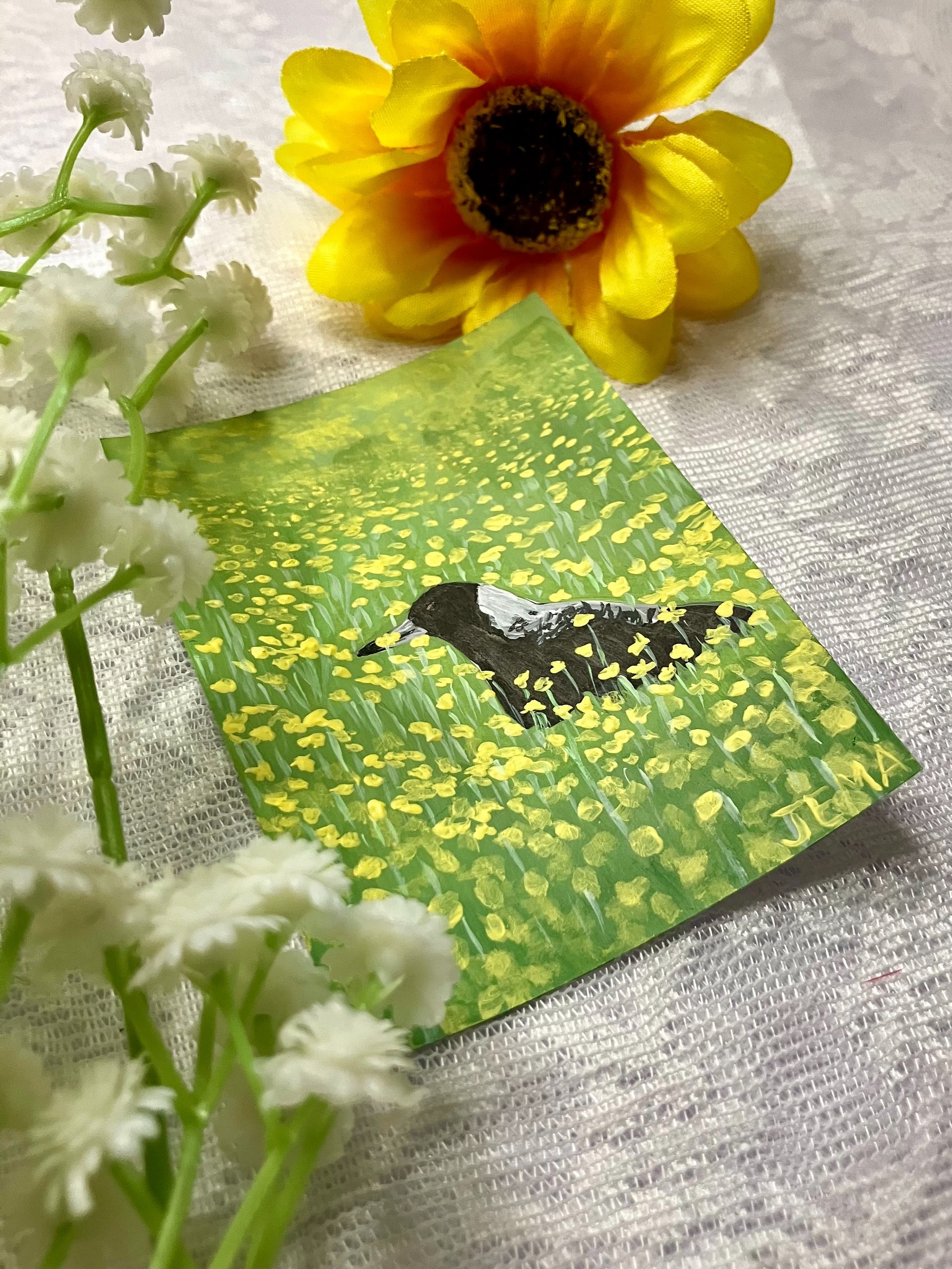 Magpie In Yellow Flowers ACEO Original Acrylic Painting product image (4)