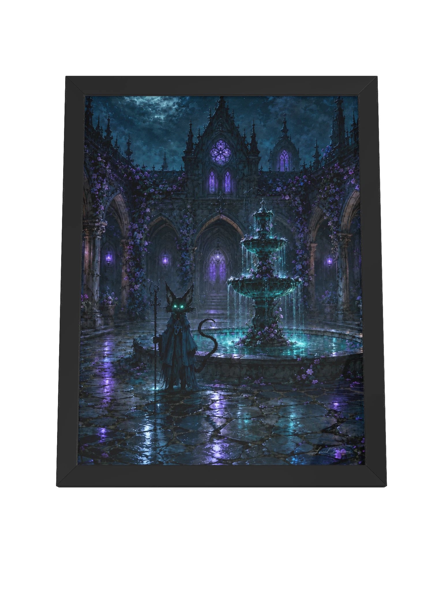 Gothic Courtyard & Black Cat Framed Art Print — The Courtyard of Silent Fountains product image (8)