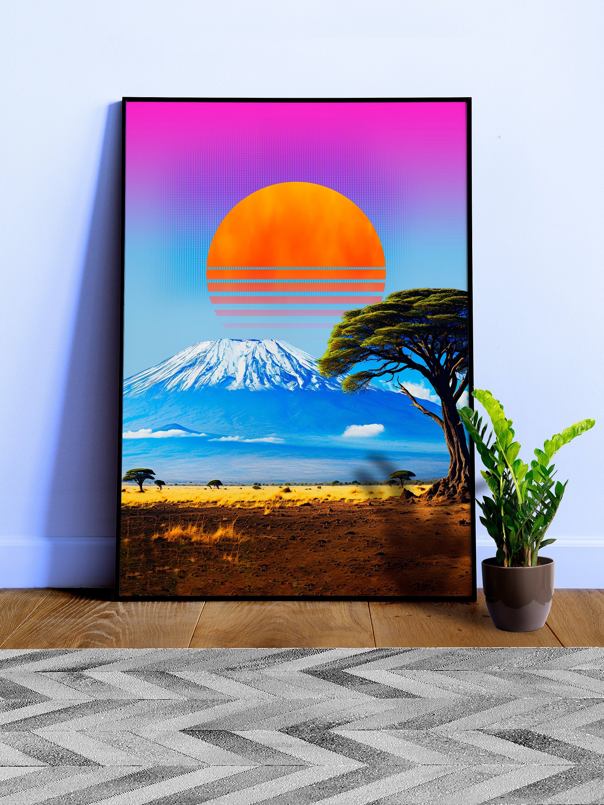 Synthwave sunset & mountain. Africa, Kilimanjaro — space vintage retro collage art, 50s cosmic futuristic sci-fi collage, surreal collage art product image (1)