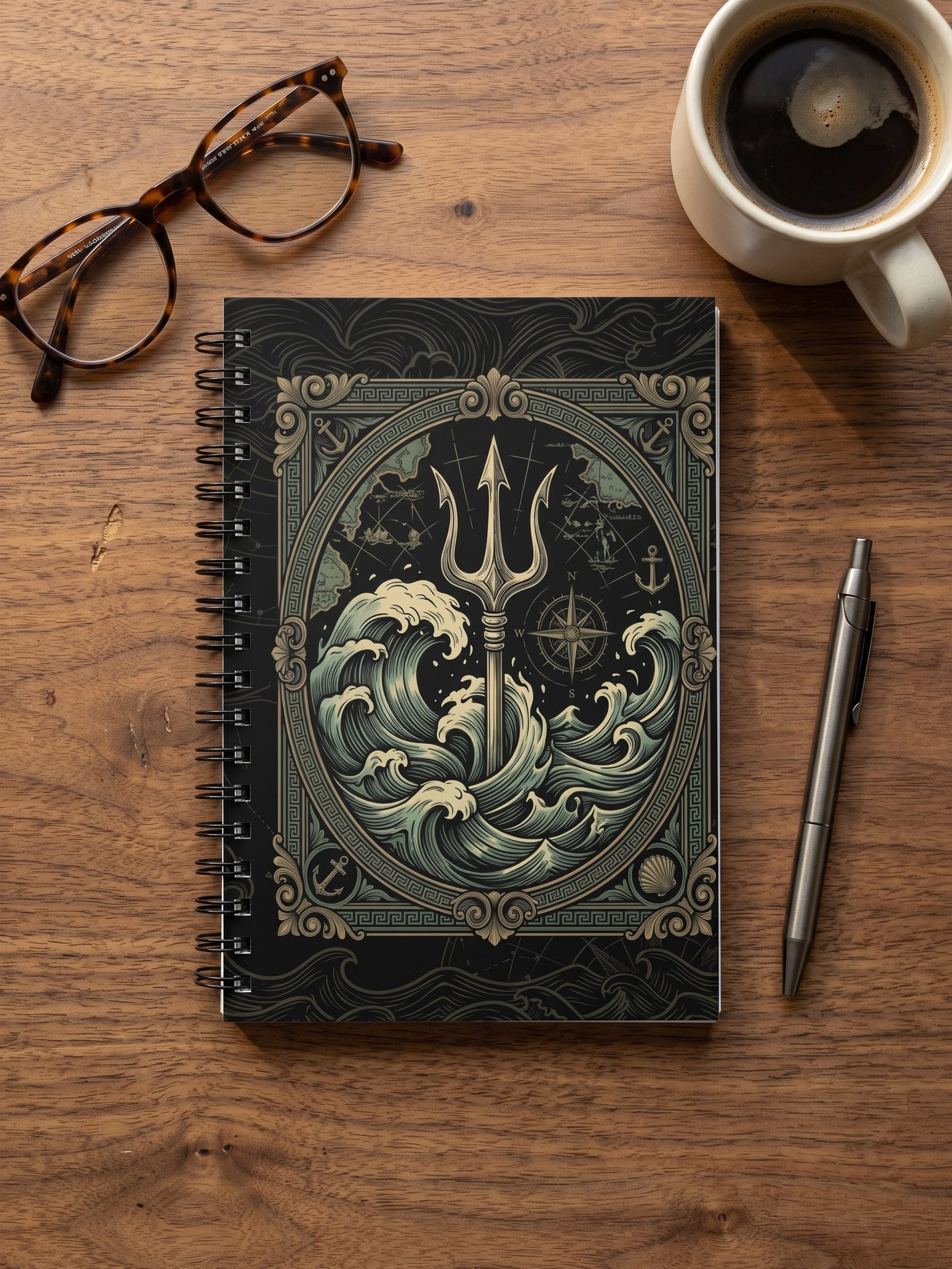 Poseidon Notebook – Greek Mythology Spiral Journal with Ocean & Trident Design product image (1)
