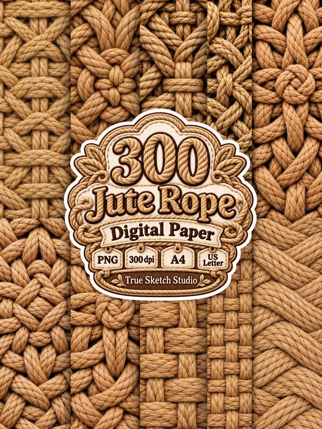 Jute Rope Digital Paper Bundle, Beige Brown Woven Textures, Rustic Scrapbook Backgrounds, Braided Motifs, Printable Junk Journal Craft Pages product image (9)