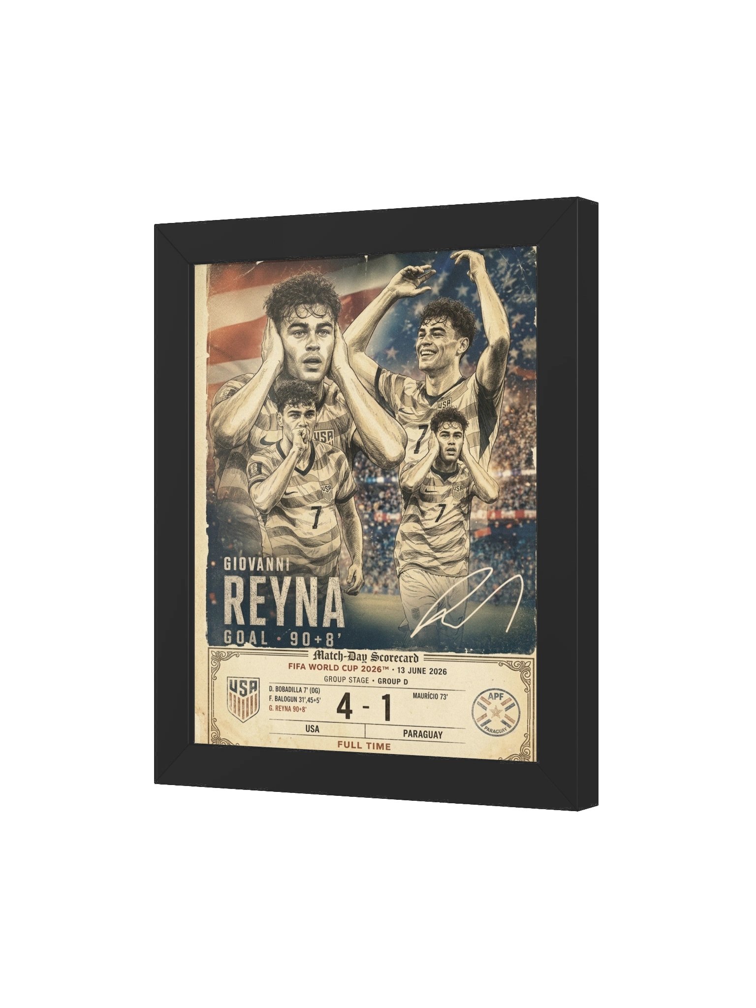 Giovanni Reyna FIFA World Cup 2026 Framed Poster | USA 4-1 Paraguay Match-Day Scorecard | USMNT Soccer Wall Art 12x16 product image (3)