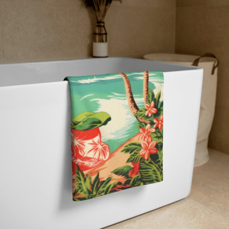 ISLAND BREEZE BEACH TOWEL – 30"x60", COTTON TERRY BACK, VINTAGE HULA GIRL COASTAL SCENE product image (2)