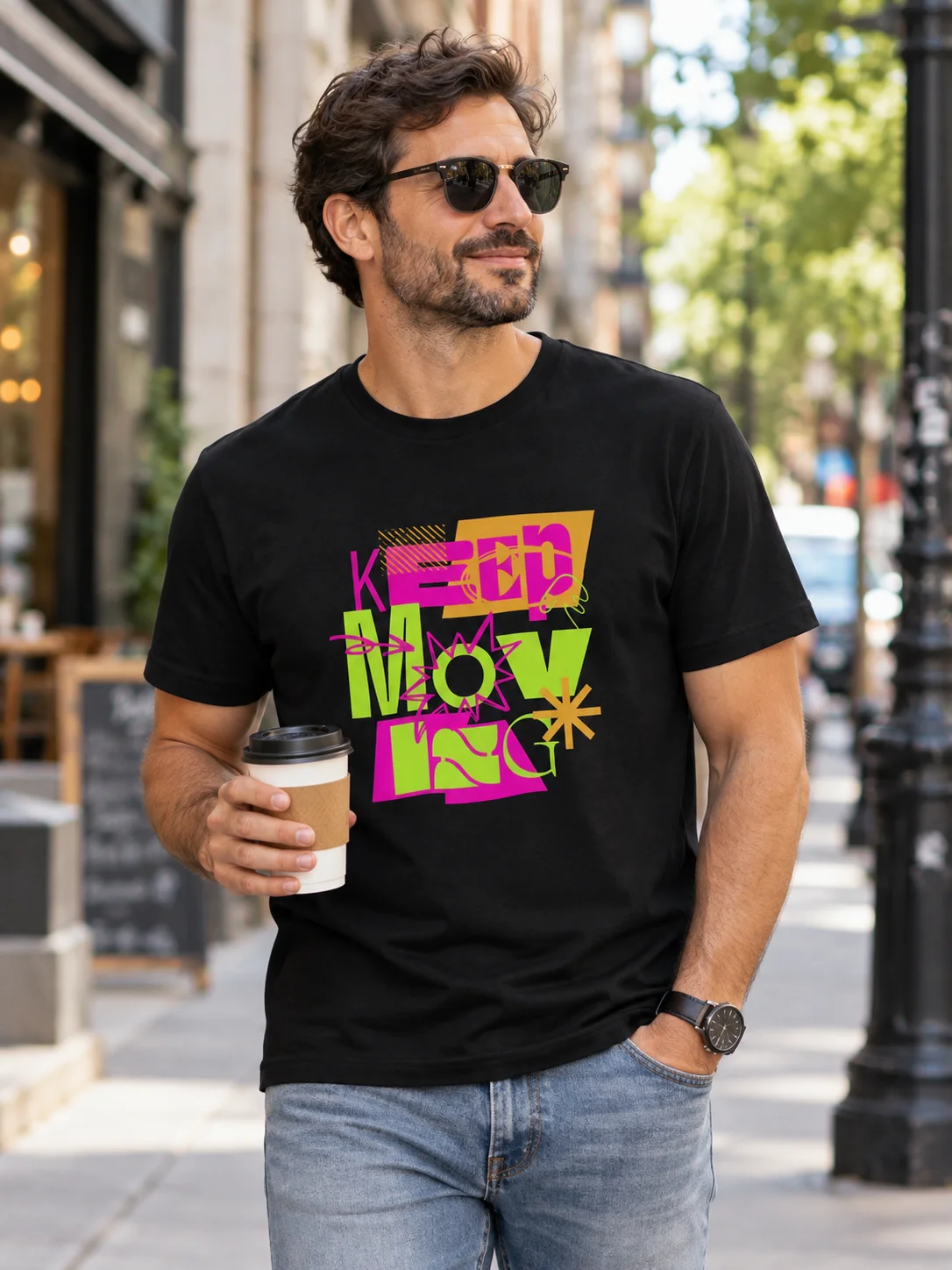 Keep Moving – Neon Graphic Black T-Shirt product image (1)