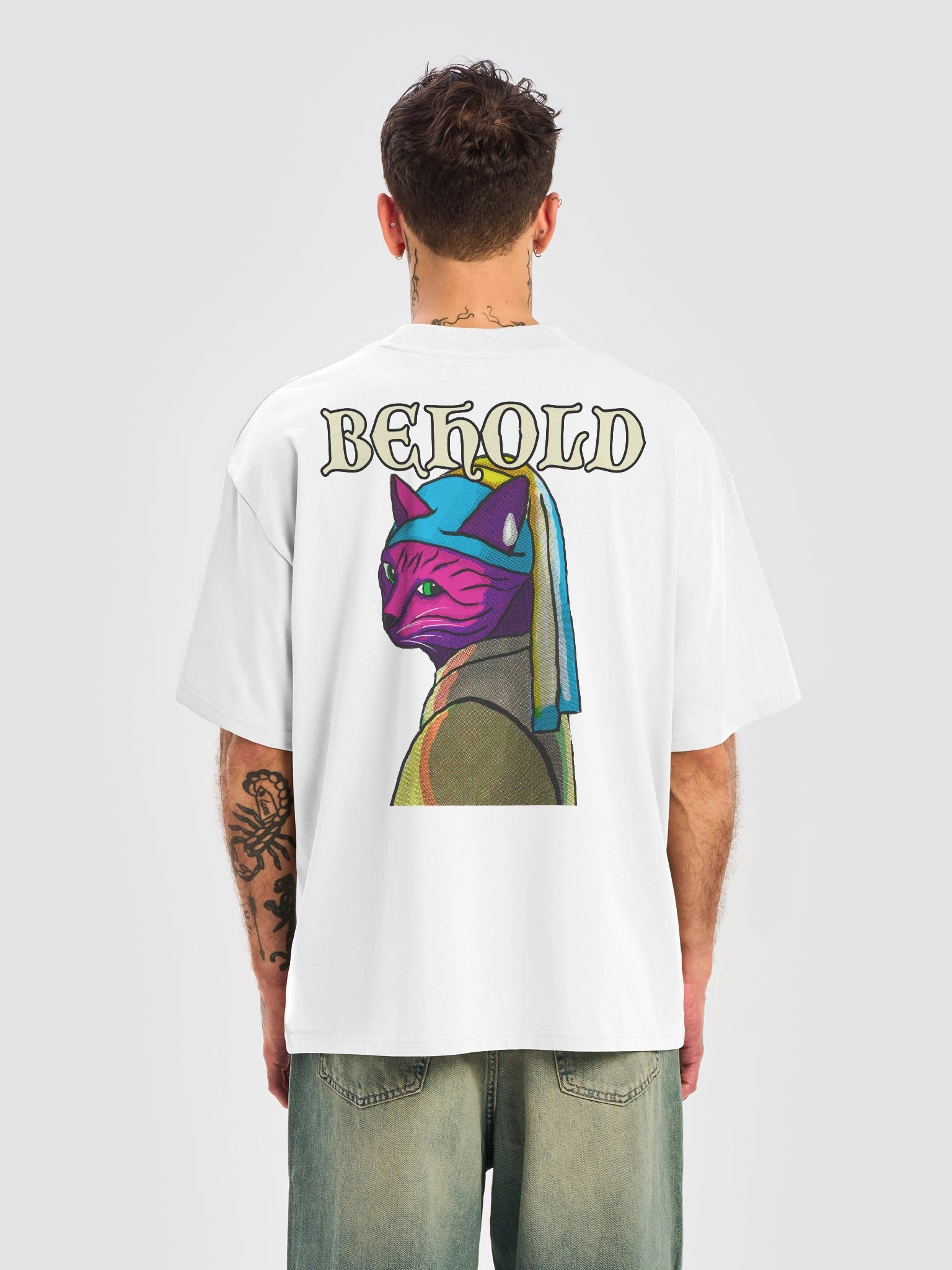 The Behold Tee | Oversized Pearl Earring Cat Parody Shirt | Deadlift Depot product image (6)