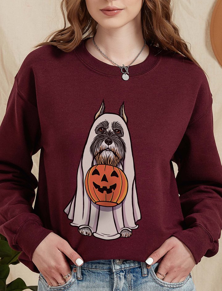 Funny Halloween Schnauzer(Cropped Ears) Sweatshirt | Funny Schnauzer Wearing a Ghost Costume and Holding a Pumpkin Basket product image (2)