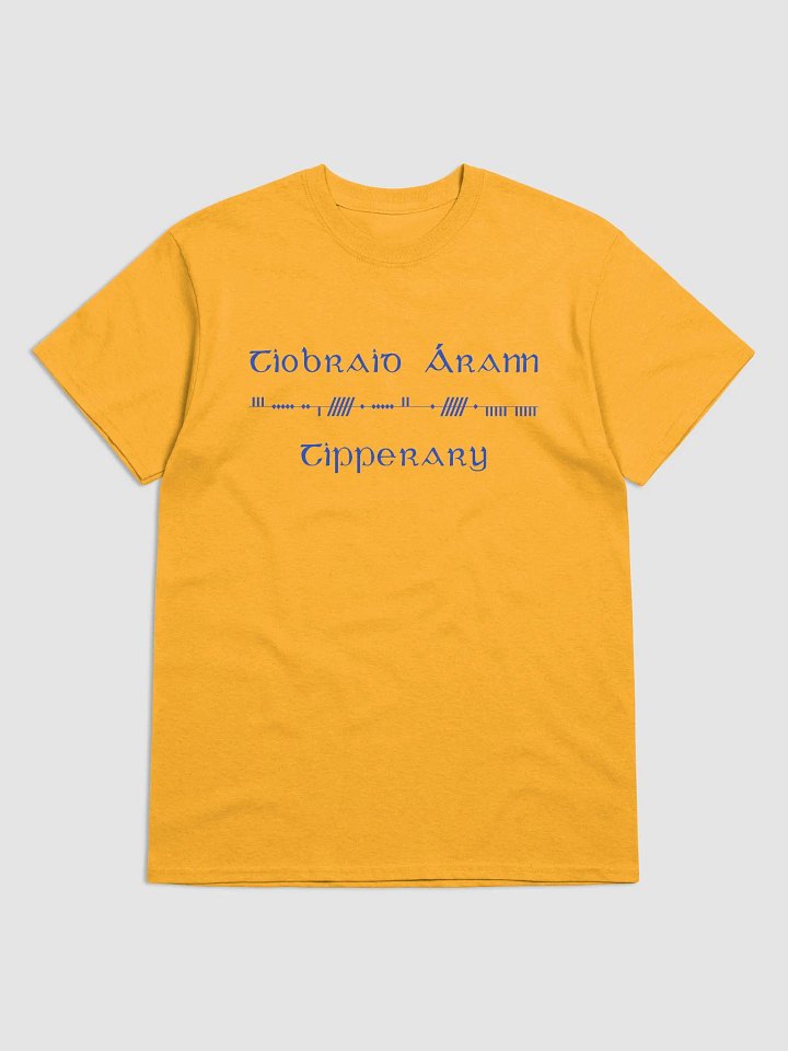 Tipperary/Tiobraid Árann Scholastic style Ogham, gold with blue, printed T-shirt product image (1)