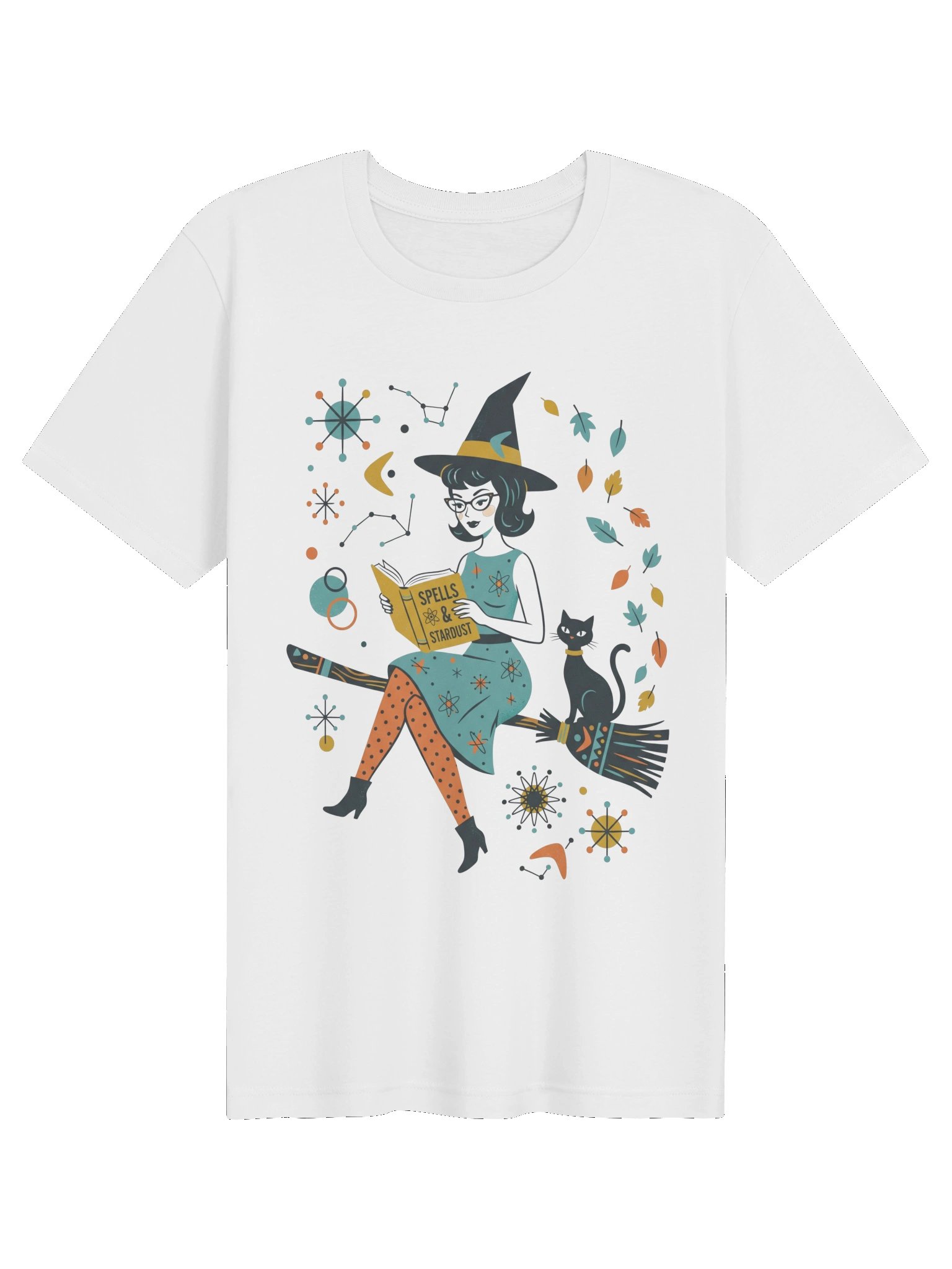 Retro Witch T-Shirt | Mid-Century Halloween Black Cat & Broom Tee product image (1)