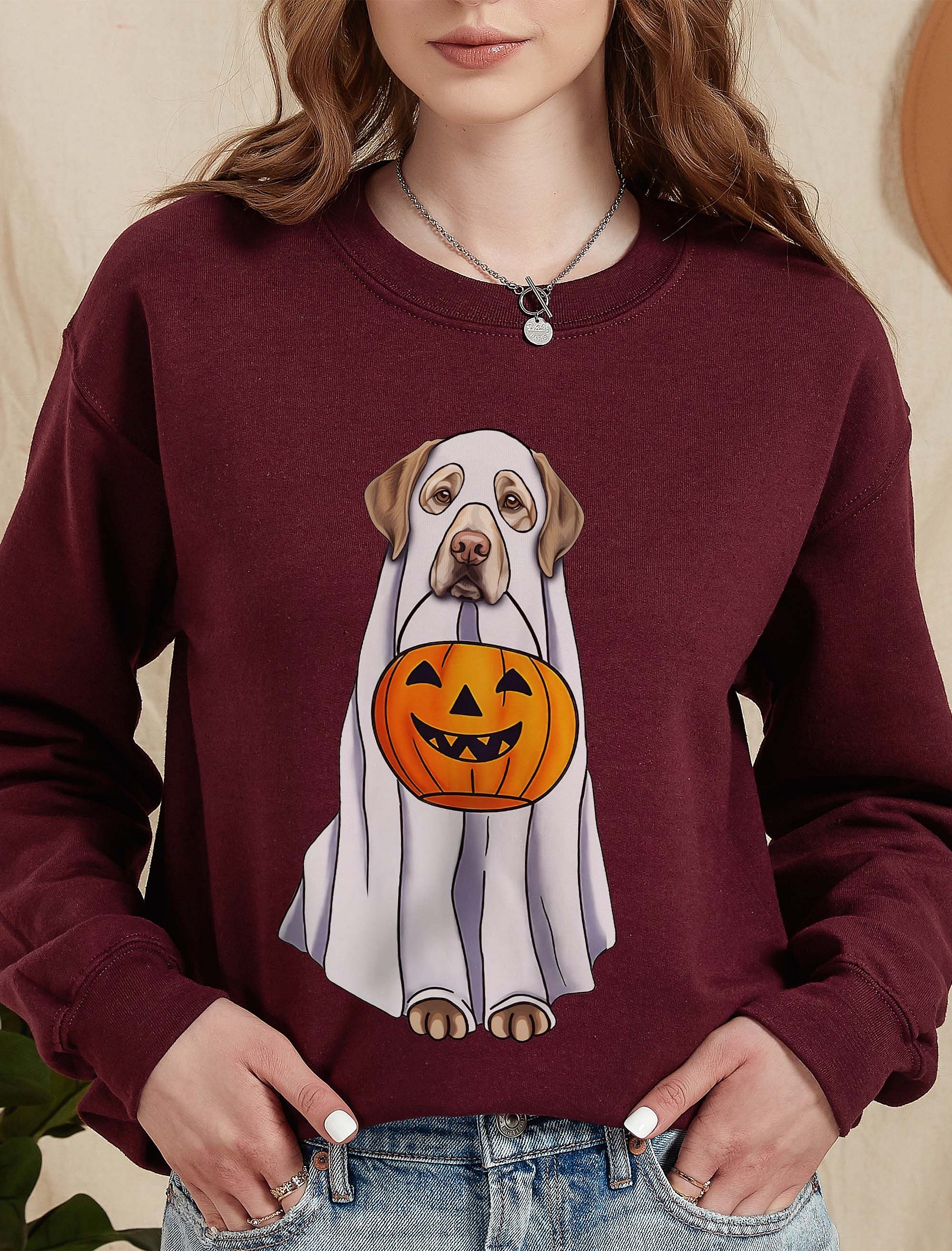 Labrador(Yellow) Halloween Sweatshirt | Funny Fall & Halloween Labrador Wearing a Ghost Costume with a Pumpkin Basket product image (2)