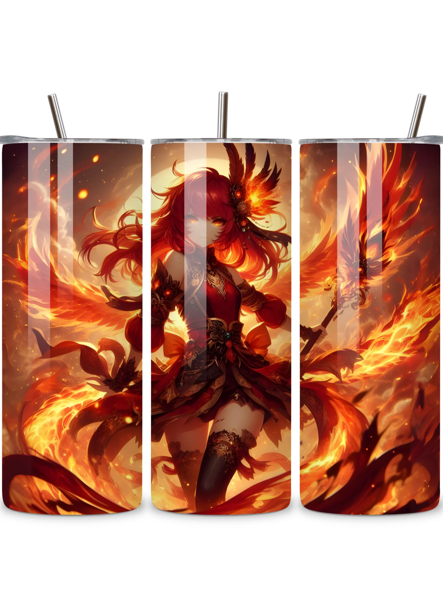 Elemental Anime Girl 20oz Skinny Tumblers with Metal Straws – Fire, Water, Earth, and Wind Designs – Double-Walled Insulated Stainless Steel Tumbler, Gift for Anime Fans and Nature Lovers (Fire) product image (1)