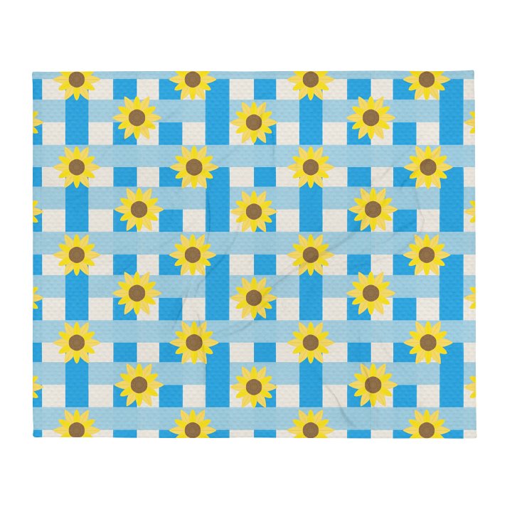 Sunflower Gingham Pattern- Blue Background Throw Blanket product image (2)