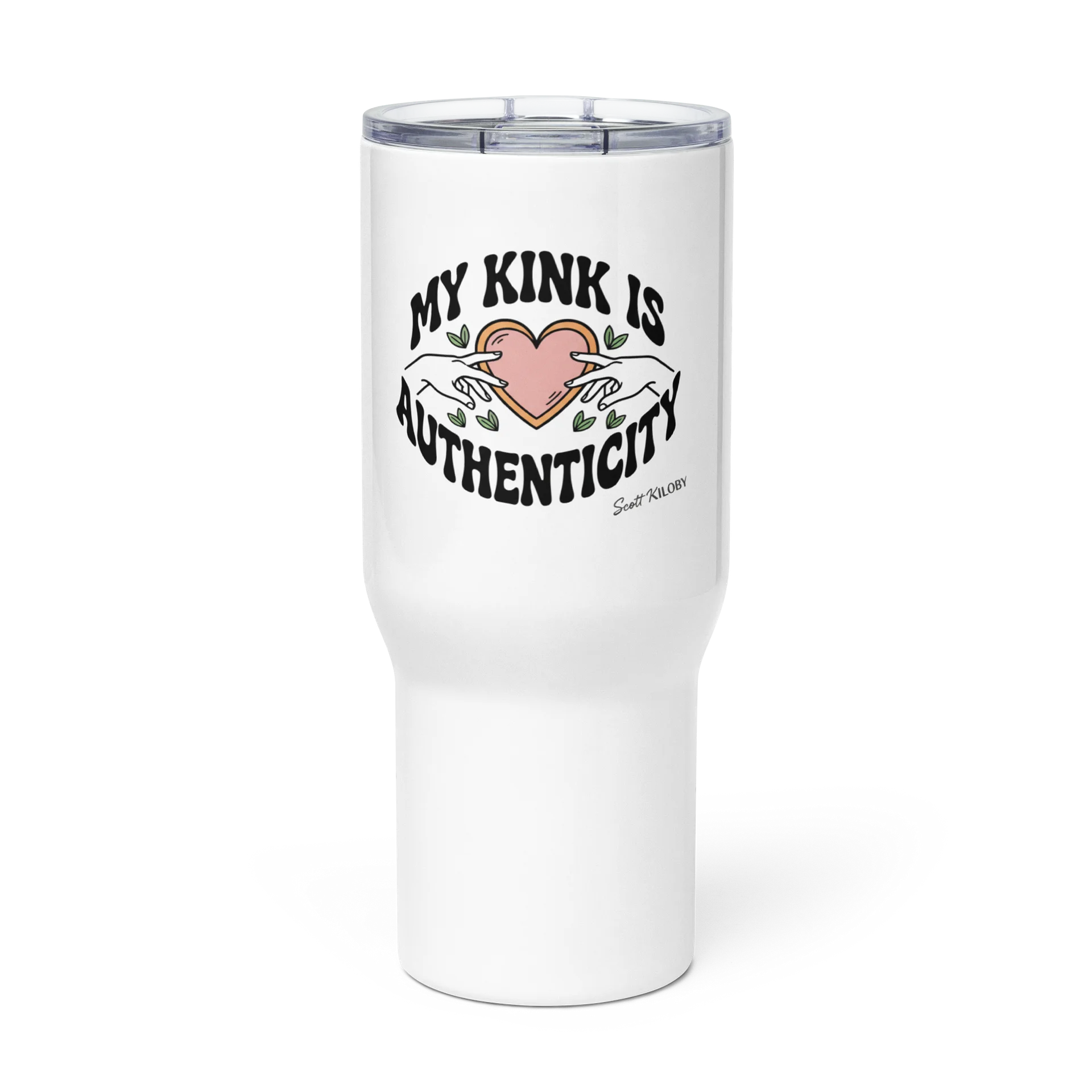 “My Kink Is Authenticity” White Travel Mug with Handle product image (3)