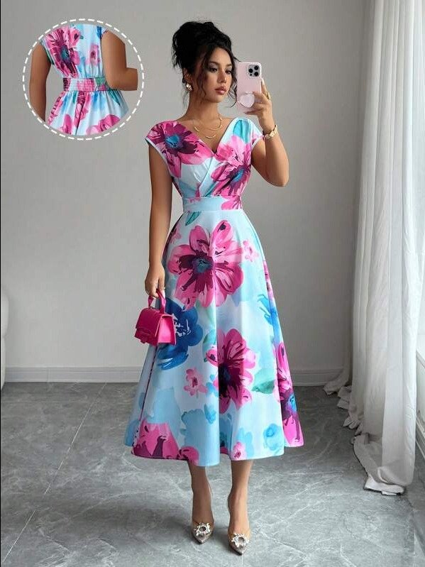 ADLEST Casual Romantic Print V-Neck Waist Cinched Mid-Length Dress For Women product image (1)