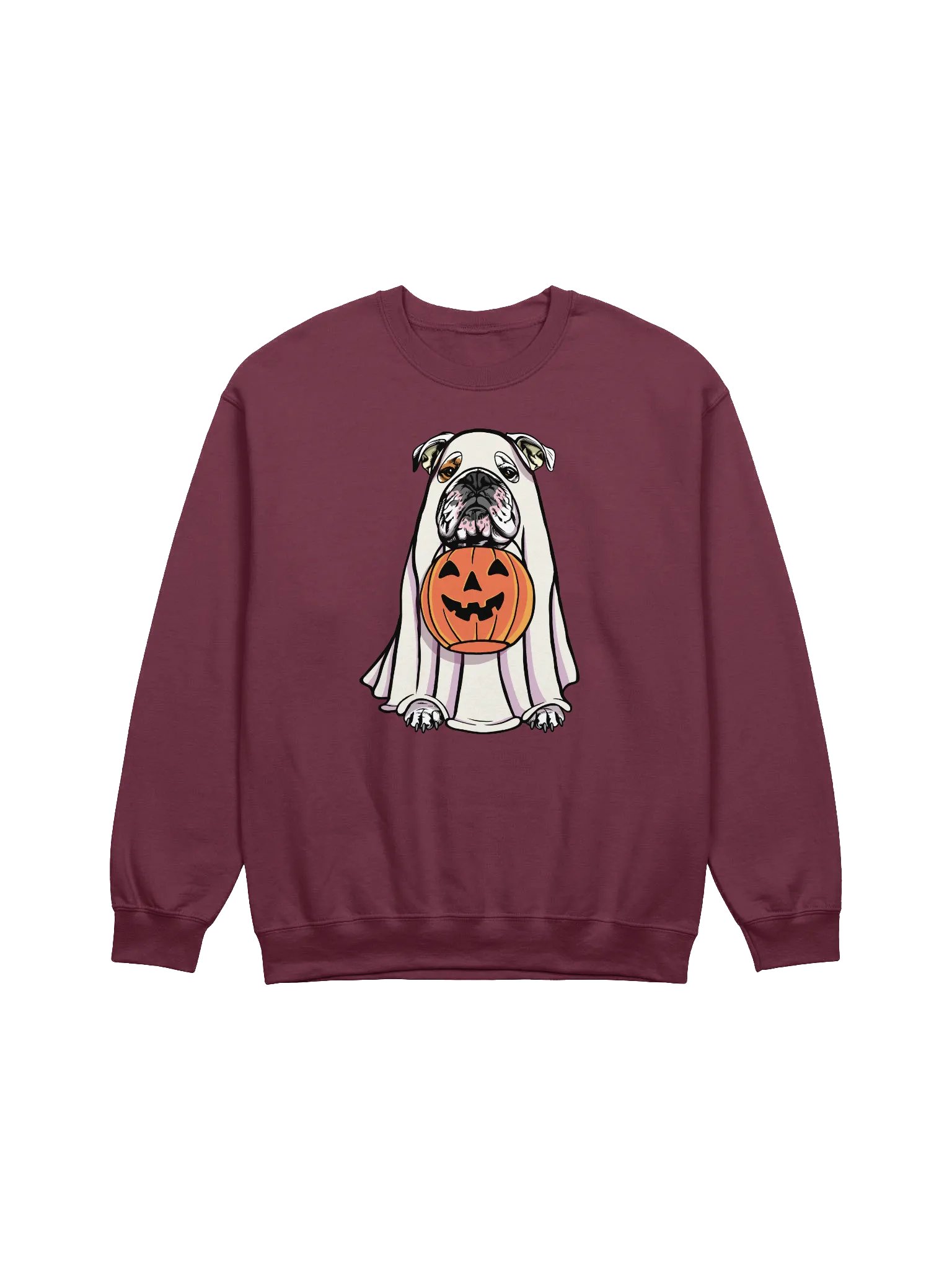Funny Halloween English Bulldog(White) Sweatshirt | Funny English Bulldog Wearing a Ghost Costume and Holding a Pumpkin Basket product image (1)